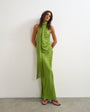Topshop satin asymmetric halter neck maxi dress with fringed scarf in green