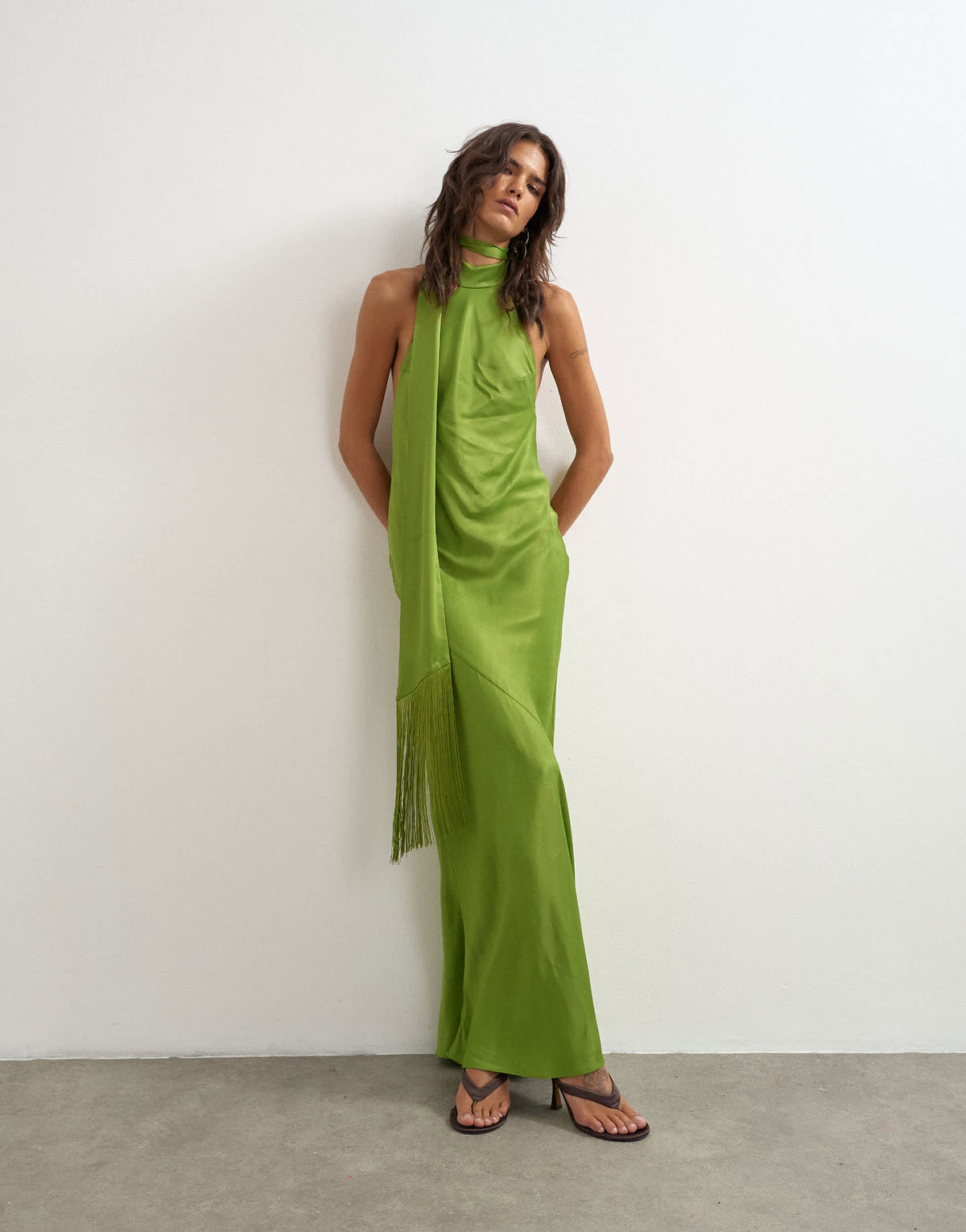 Topshop satin asymmetric halter neck maxi dress with fringed scarf in green
