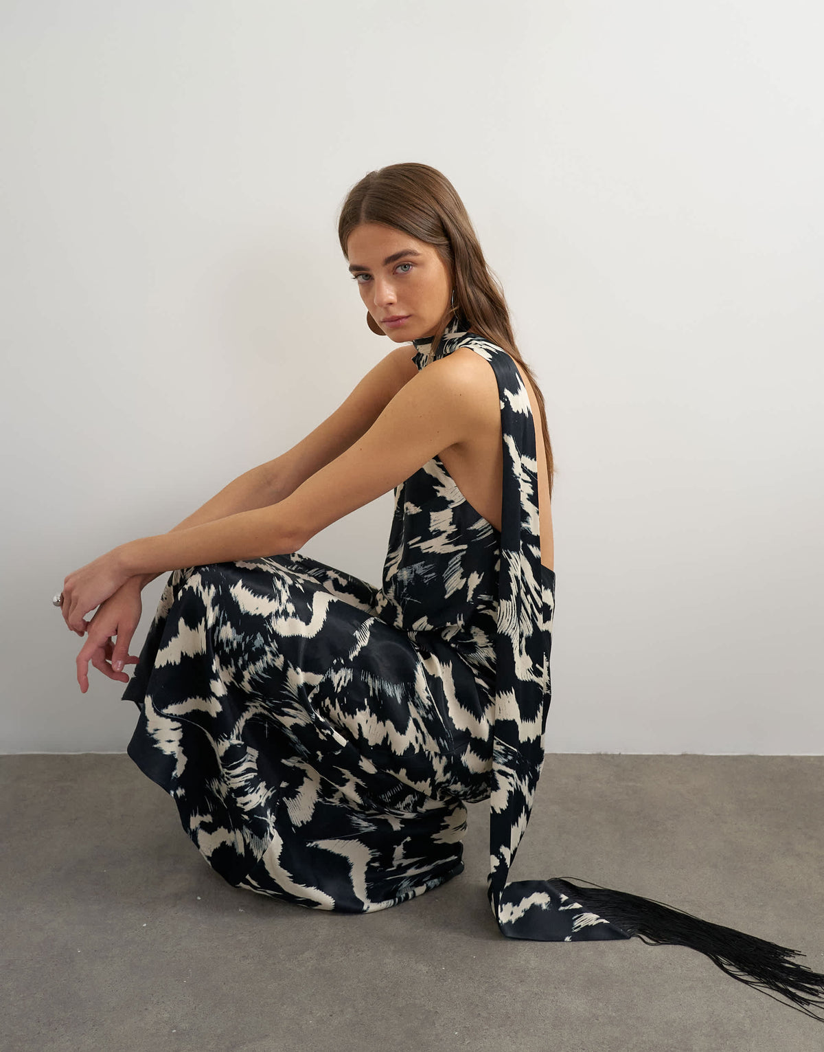 Topshop satin asymmetric halter neck maxi dress with fringed scarf in animal print
