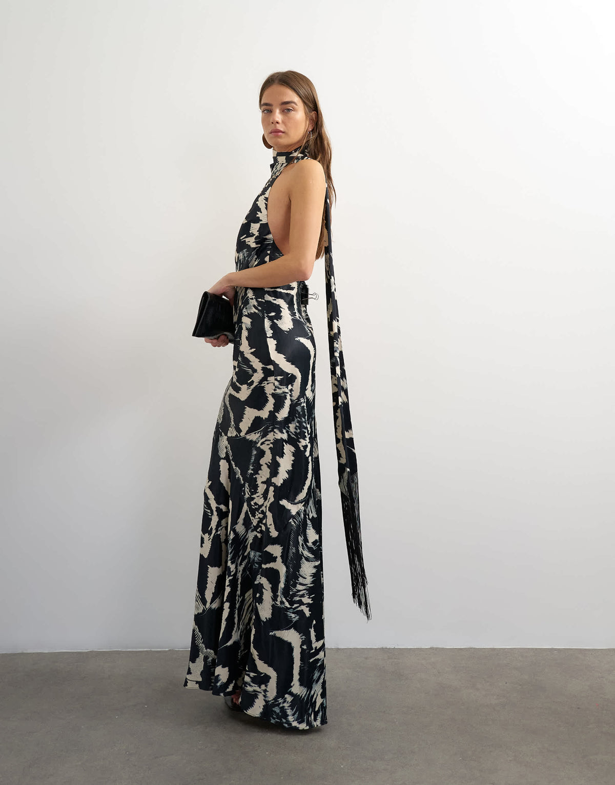 Topshop satin asymmetric halter neck maxi dress with fringed scarf in animal print