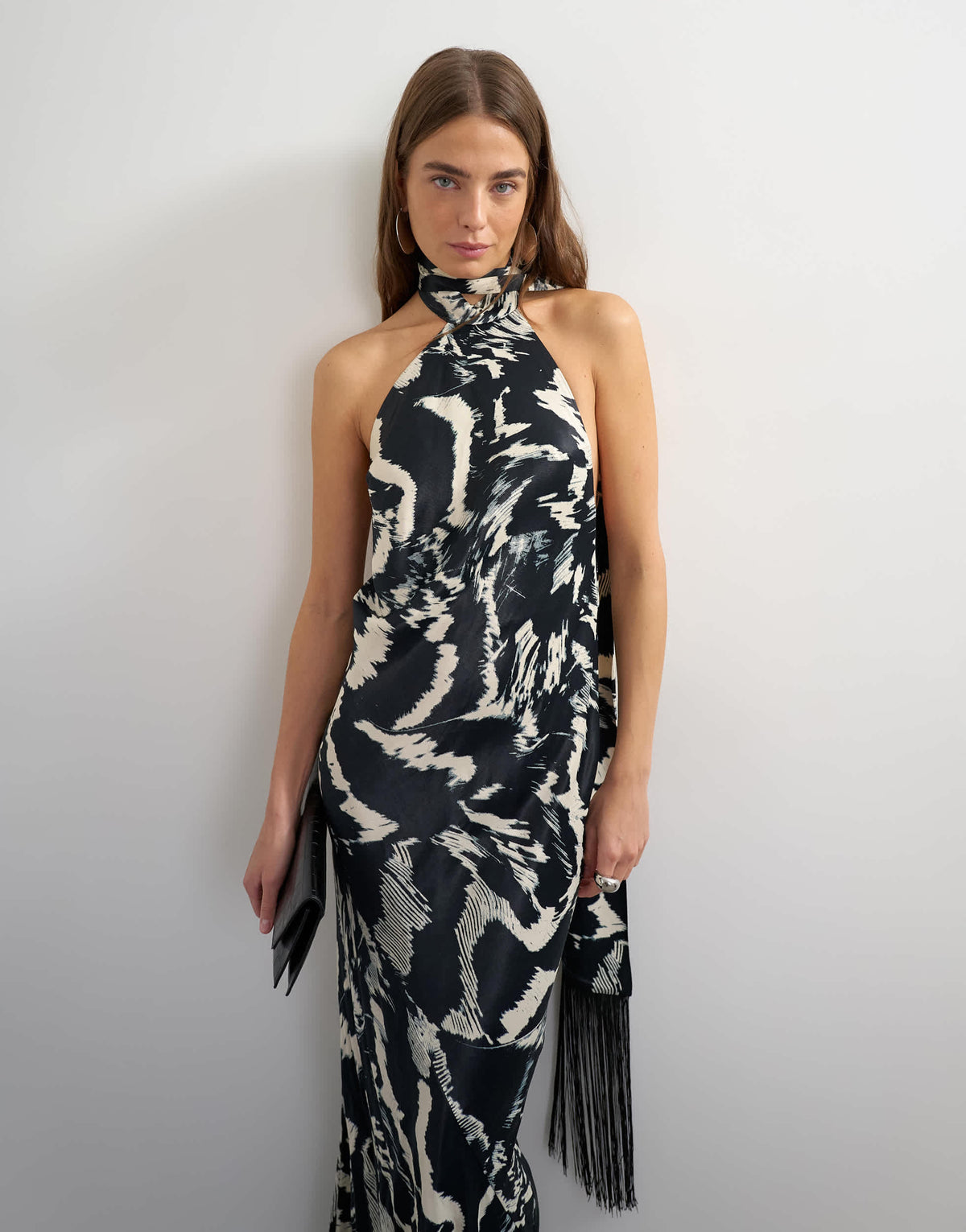 Topshop satin asymmetric halter neck maxi dress with fringed scarf in animal print
