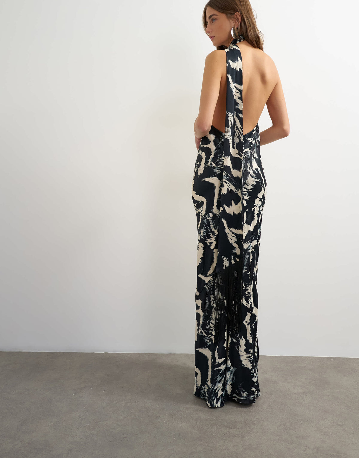 Topshop satin asymmetric halter neck maxi dress with fringed scarf in animal print