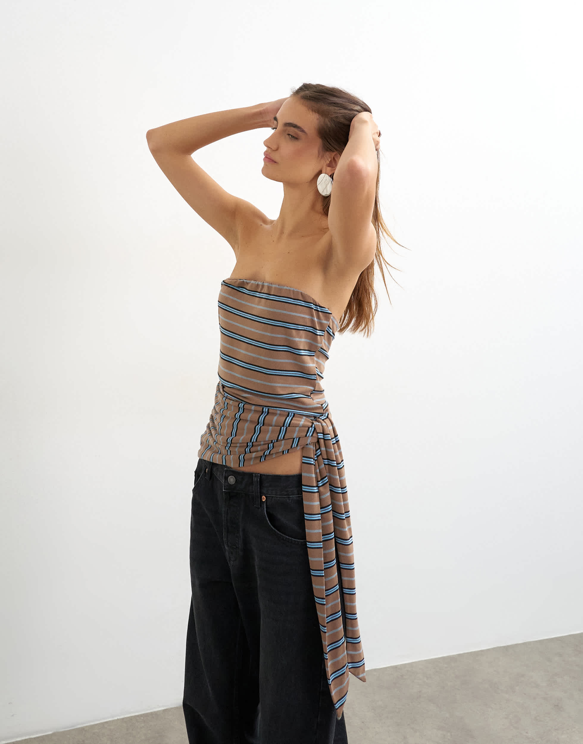 Topshop stripe tie detail bandeau top brown