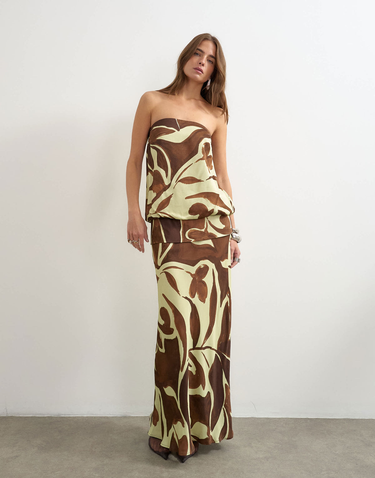 Topshop satin dropped waist blouson bandeau maxi dress in brown floral