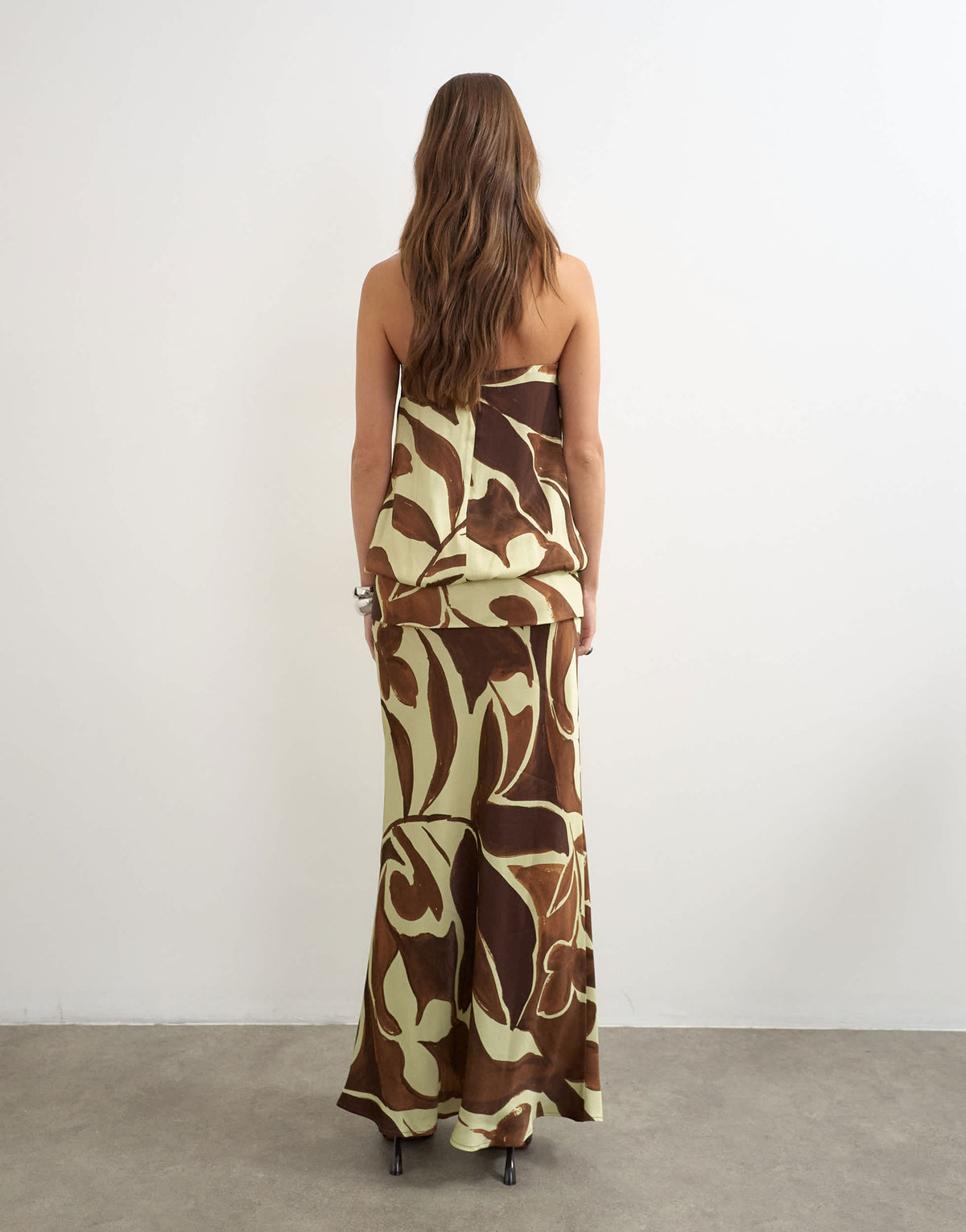 Topshop satin dropped waist blouson bandeau maxi dress in brown floral