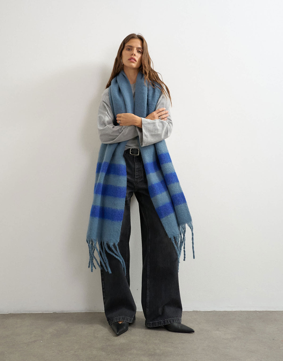 Topshop Sydney stripe blanket scarf in dusky blue and cobalt