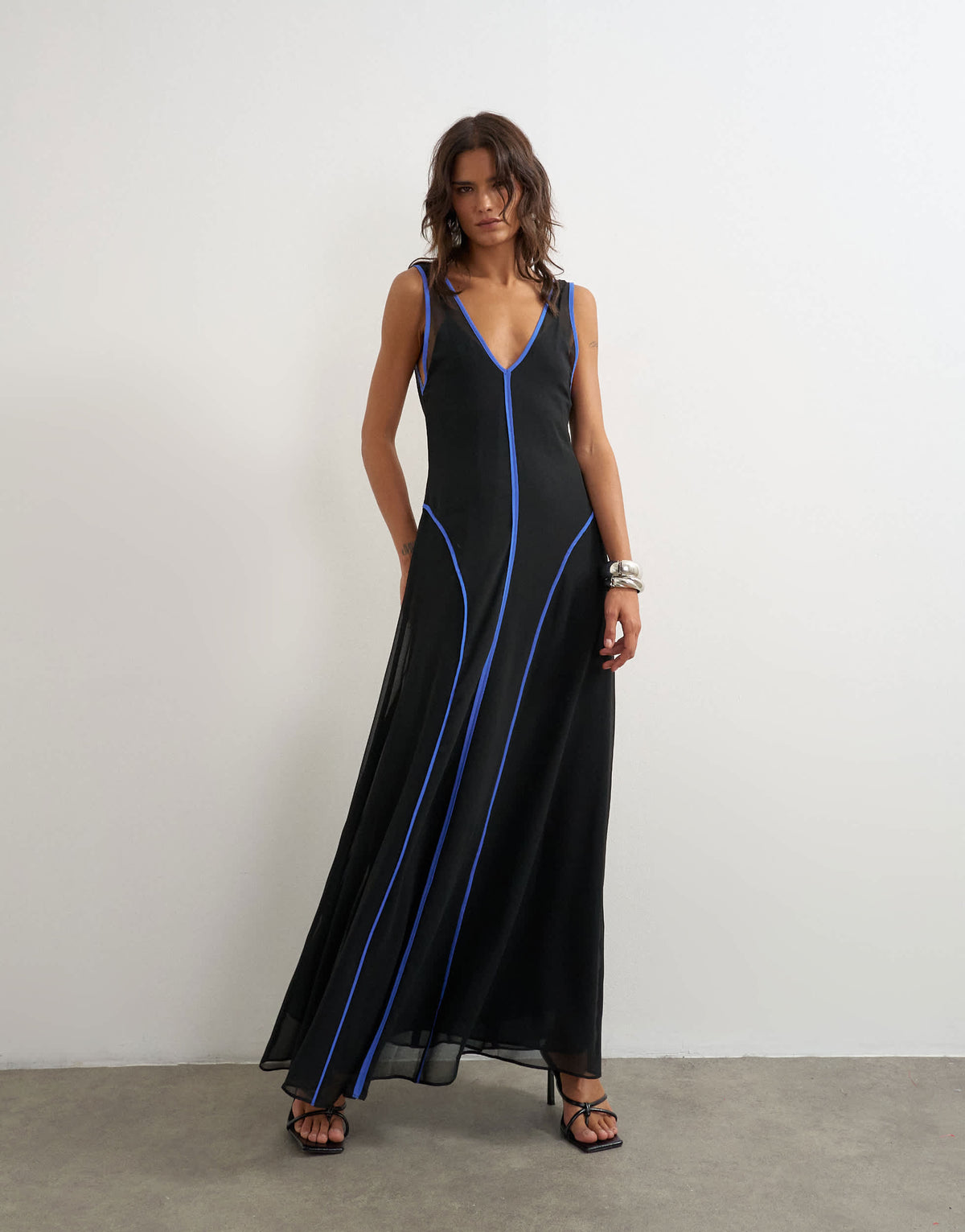 Topshop chiffon V neck dropped waist maxi dress in black with blue tipping