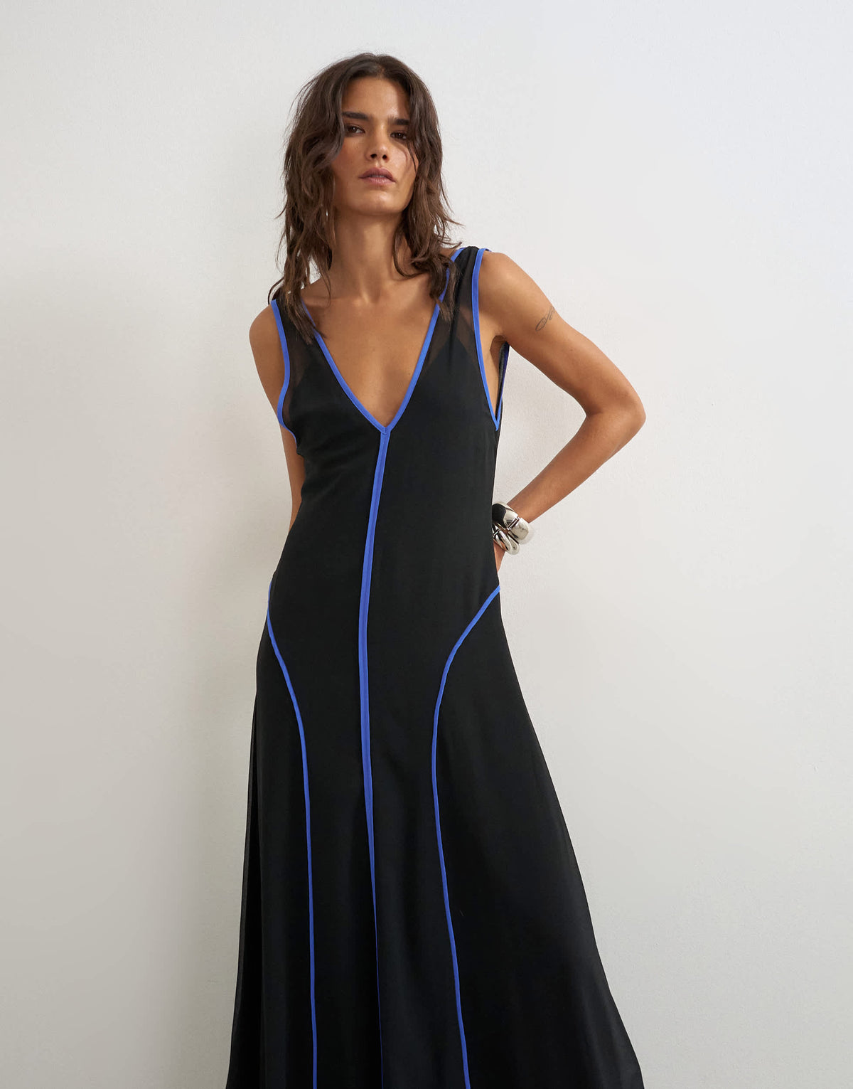 Topshop chiffon V neck dropped waist maxi dress in black with blue tipping