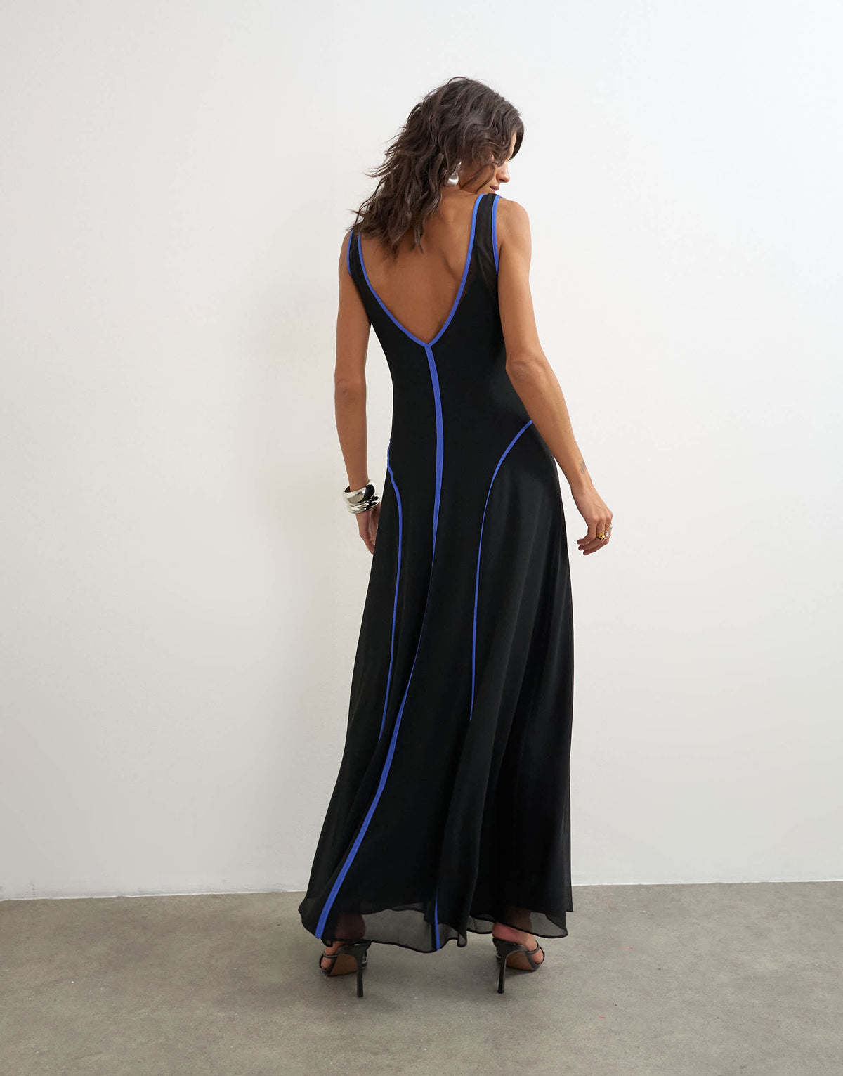 Topshop chiffon V neck dropped waist maxi dress in black with blue tipping