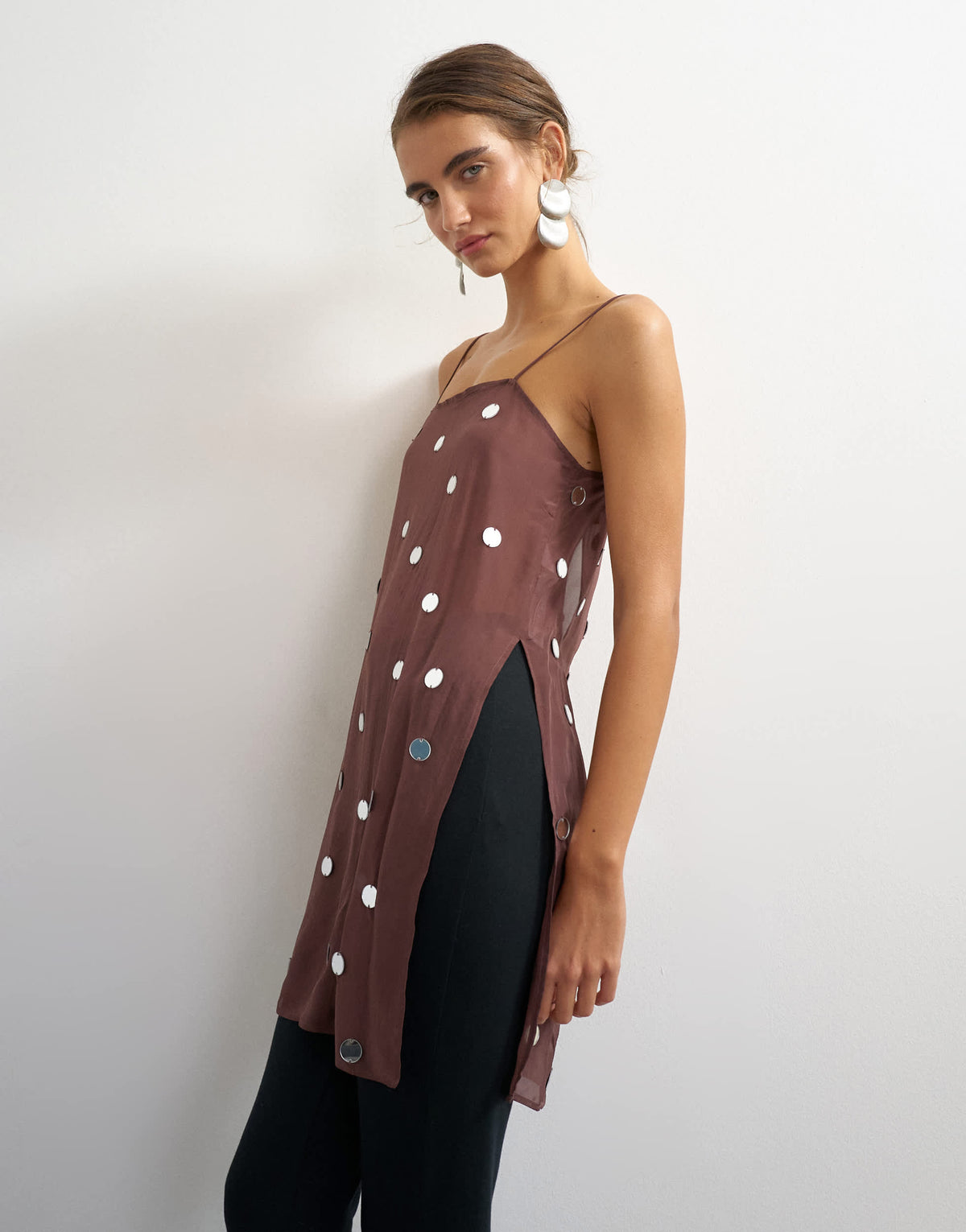 Topshop premium viscose organza longline embellished cami in chocolate