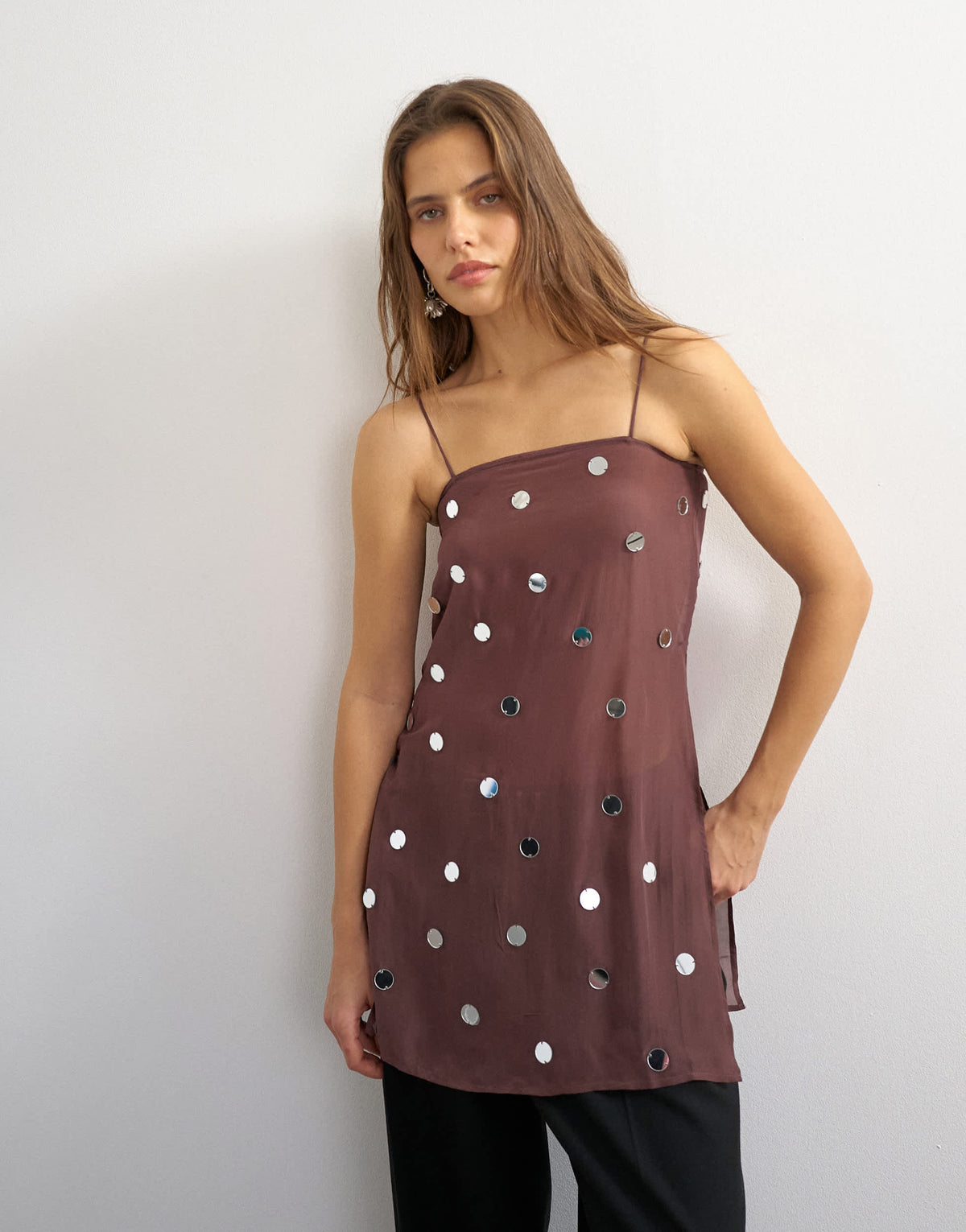 Topshop premium viscose organza longline embellished cami in chocolate