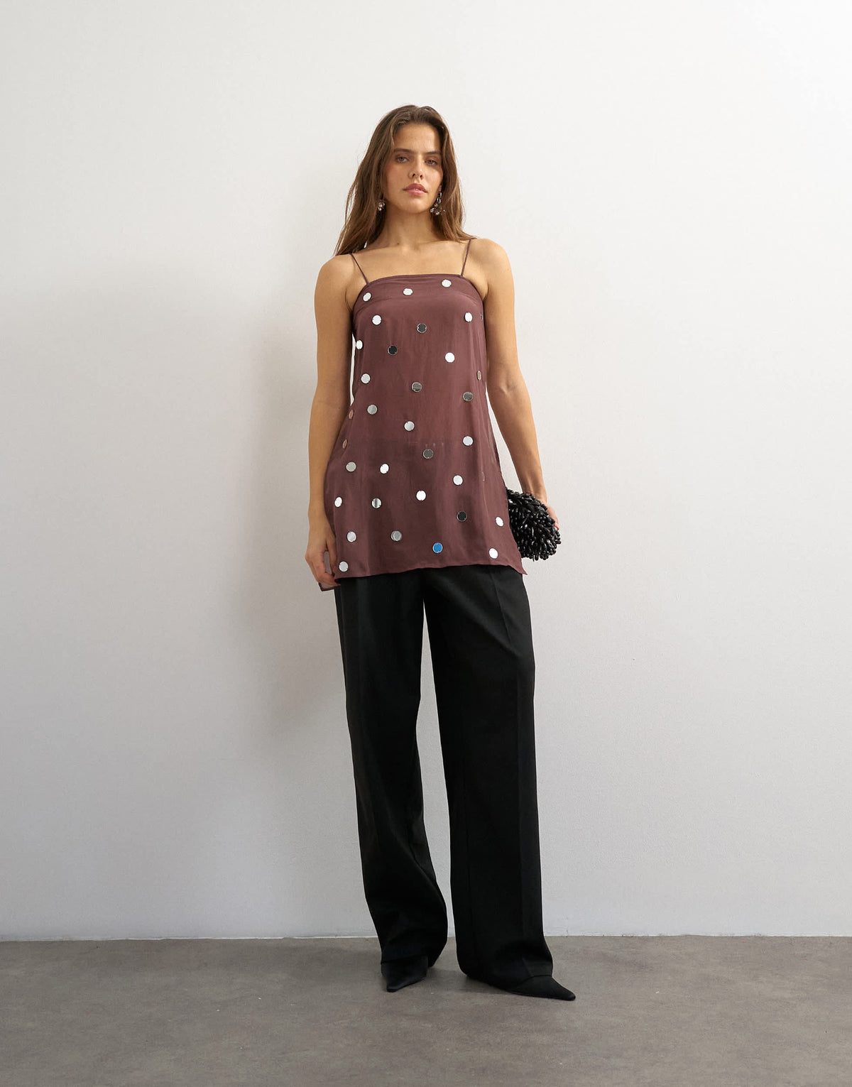 Topshop premium viscose organza longline embellished cami in chocolate