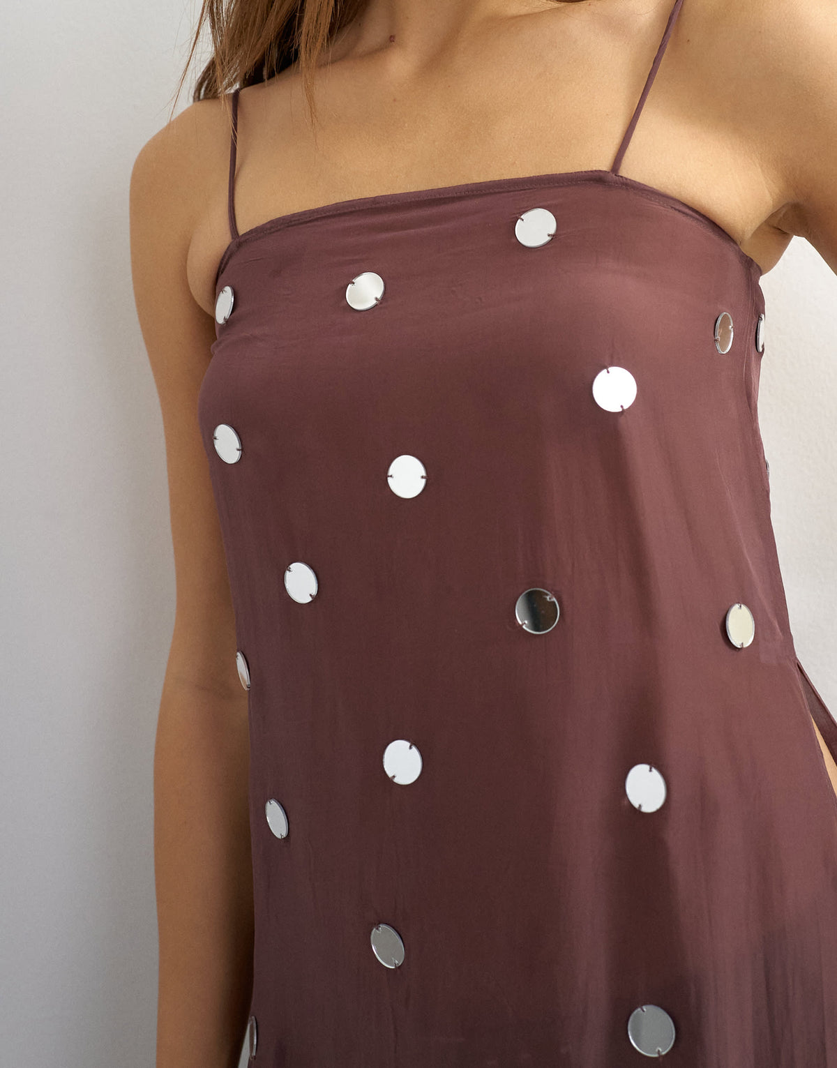 Topshop premium viscose organza longline embellished cami in chocolate