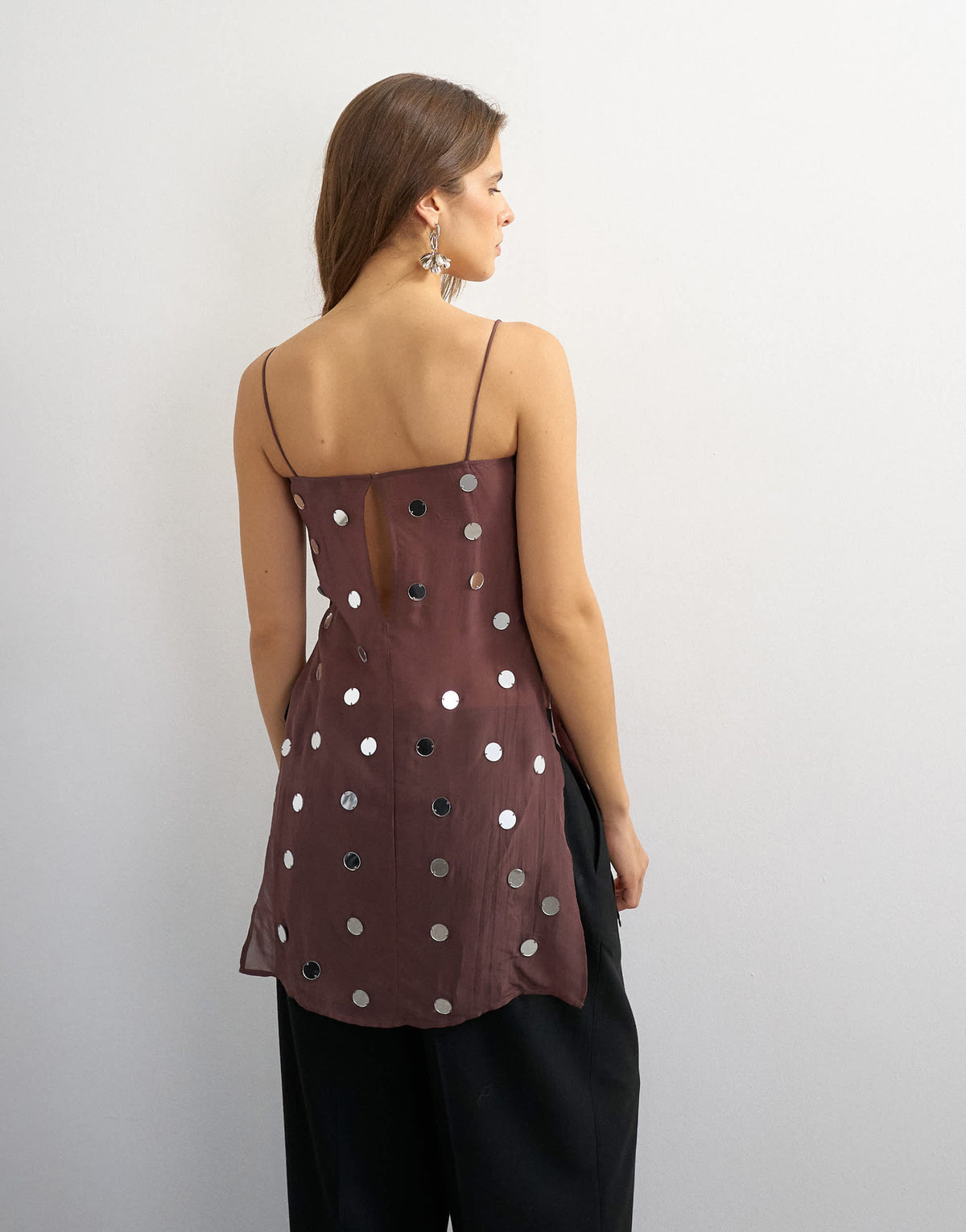 Topshop premium viscose organza longline embellished cami in chocolate