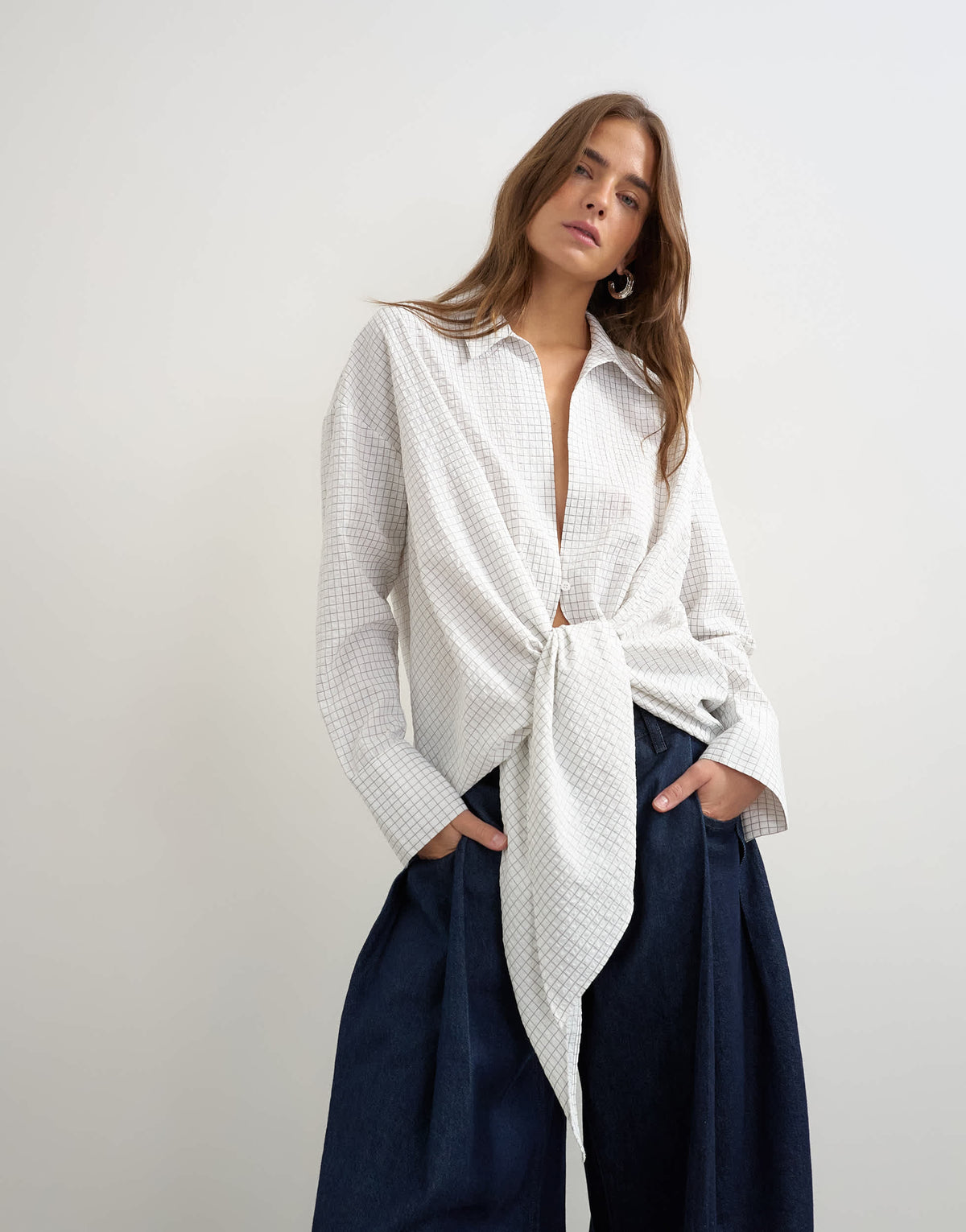 Topshop tie detail check shirt in white