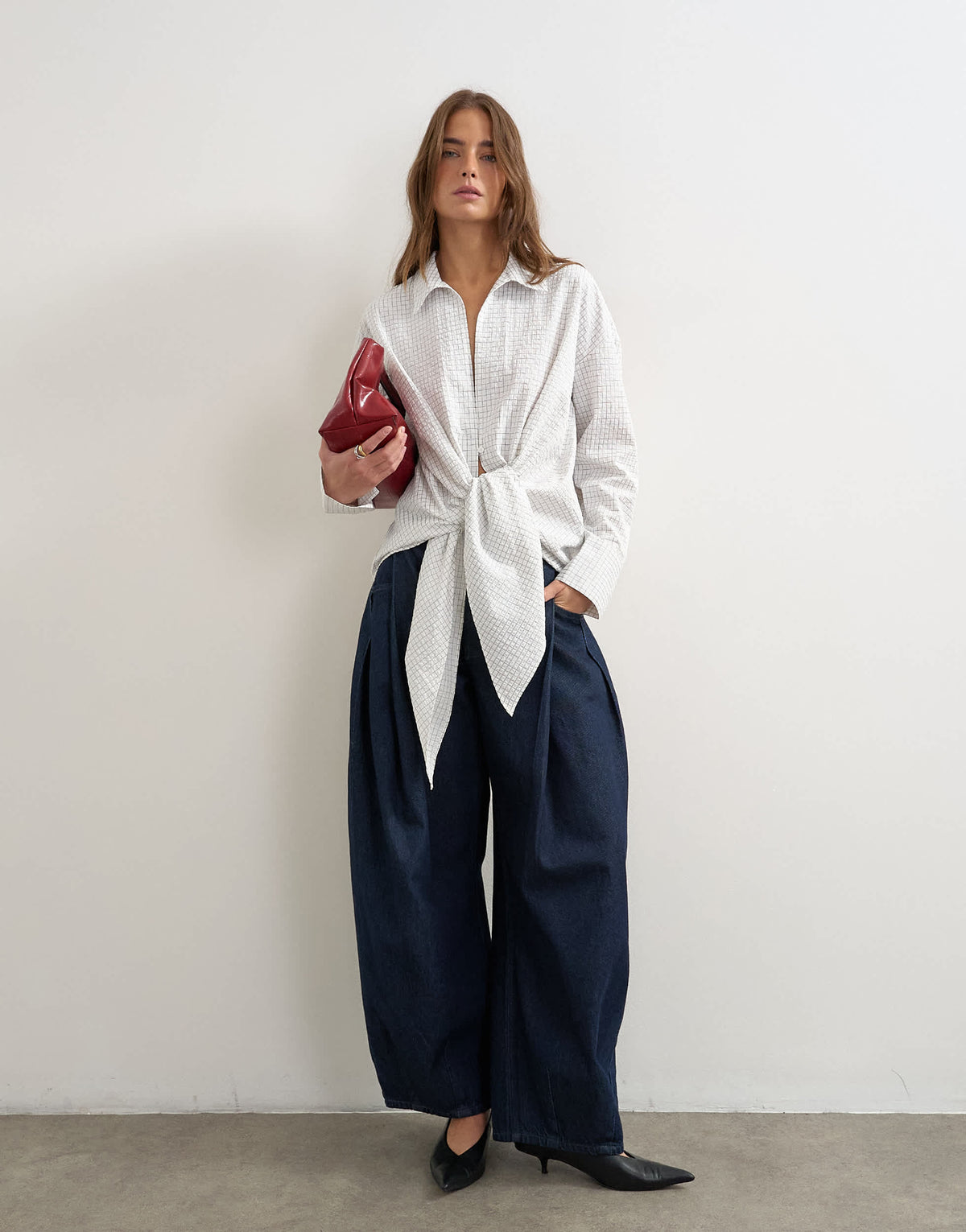 Topshop tie detail check shirt in white
