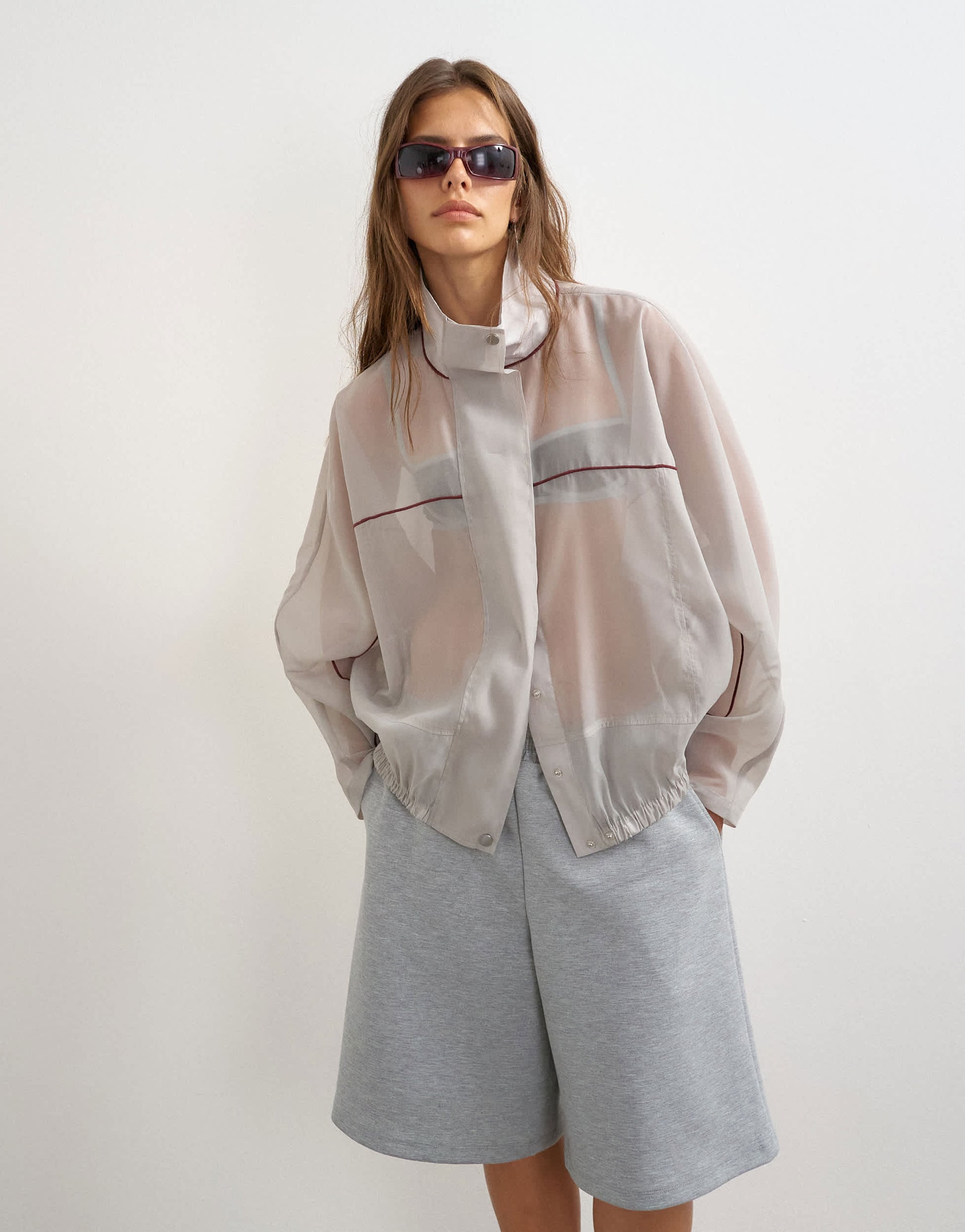 Topshop organza funnel neck bomber with contrast binding in grey