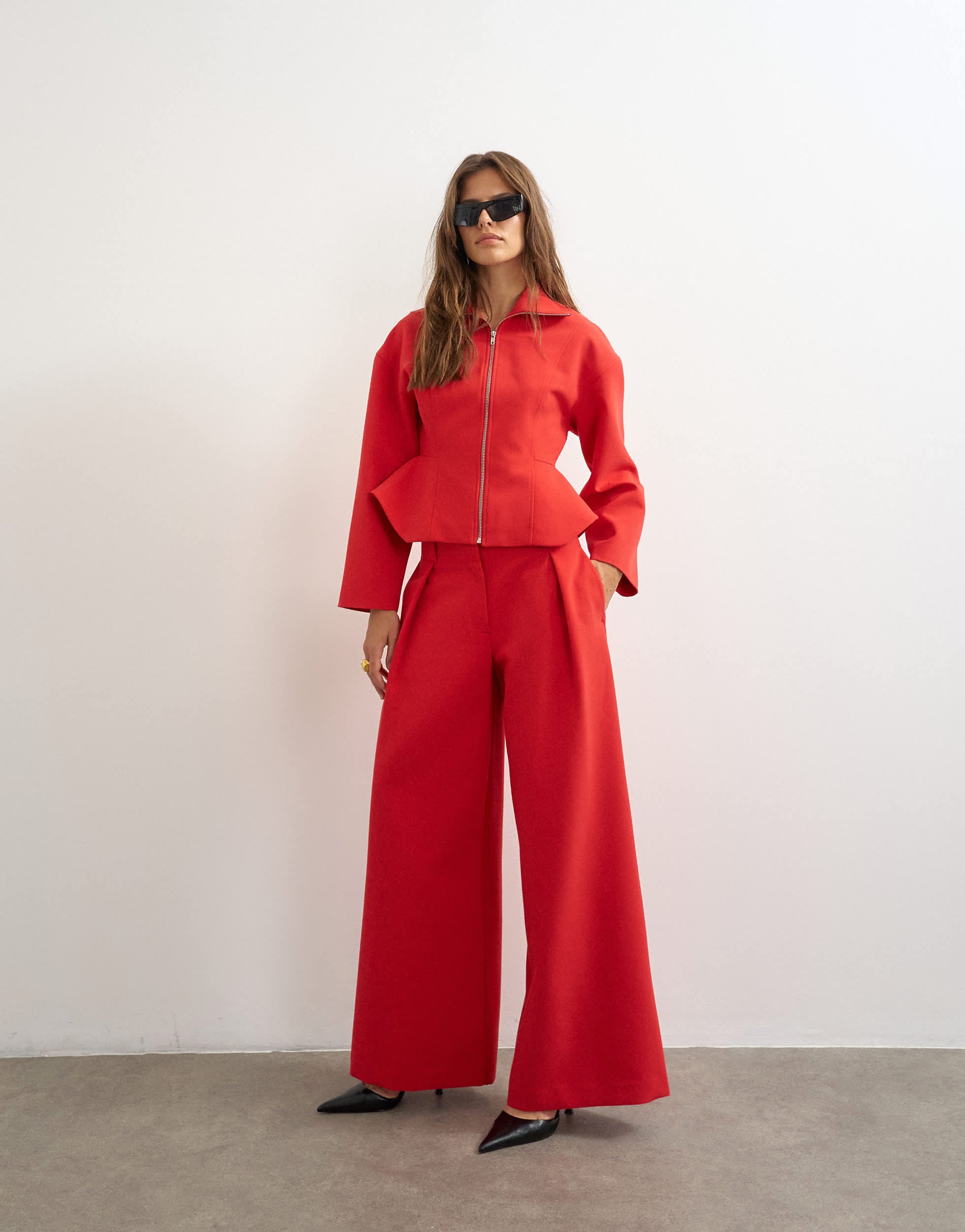 Topshop tailored pleat detail low rise wide leg trousers in red