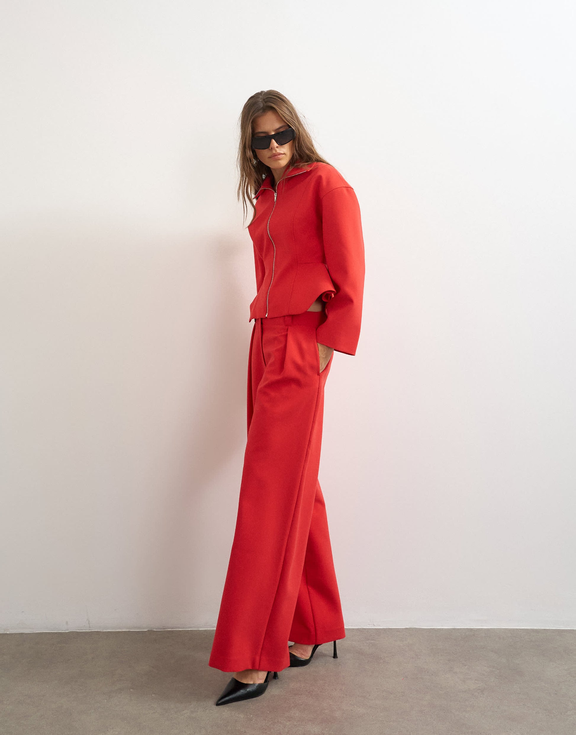 Topshop tailored pleat detail low rise wide leg trousers in red