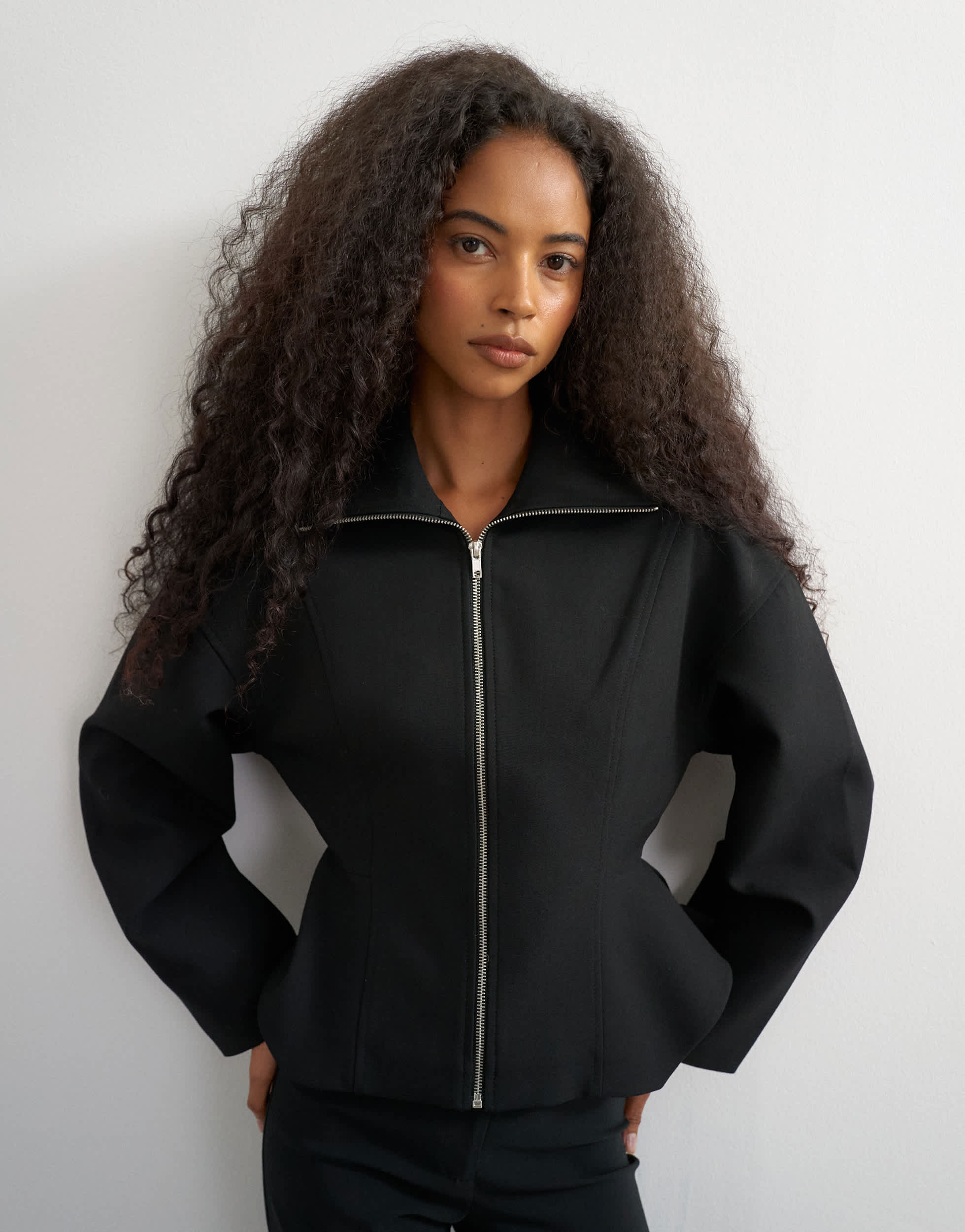 Topshop tailored zip through peplum top in black