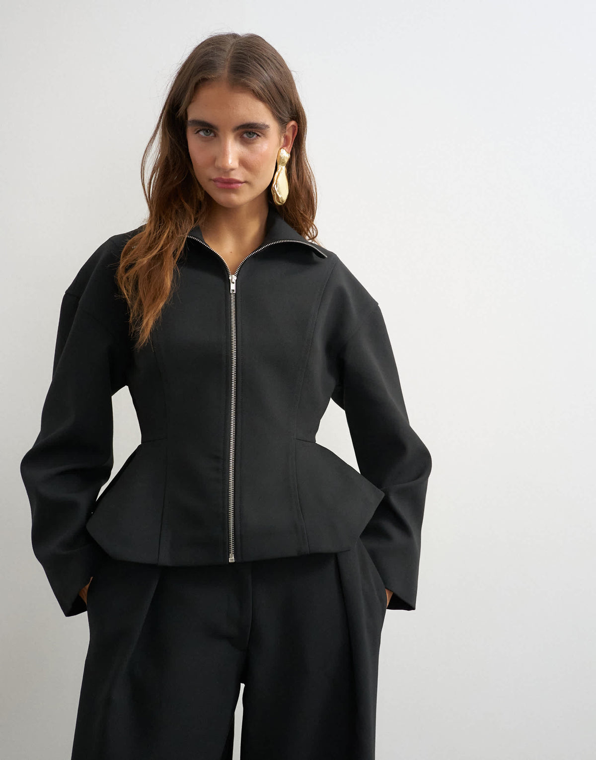 Topshop tailored zip through peplum top in black