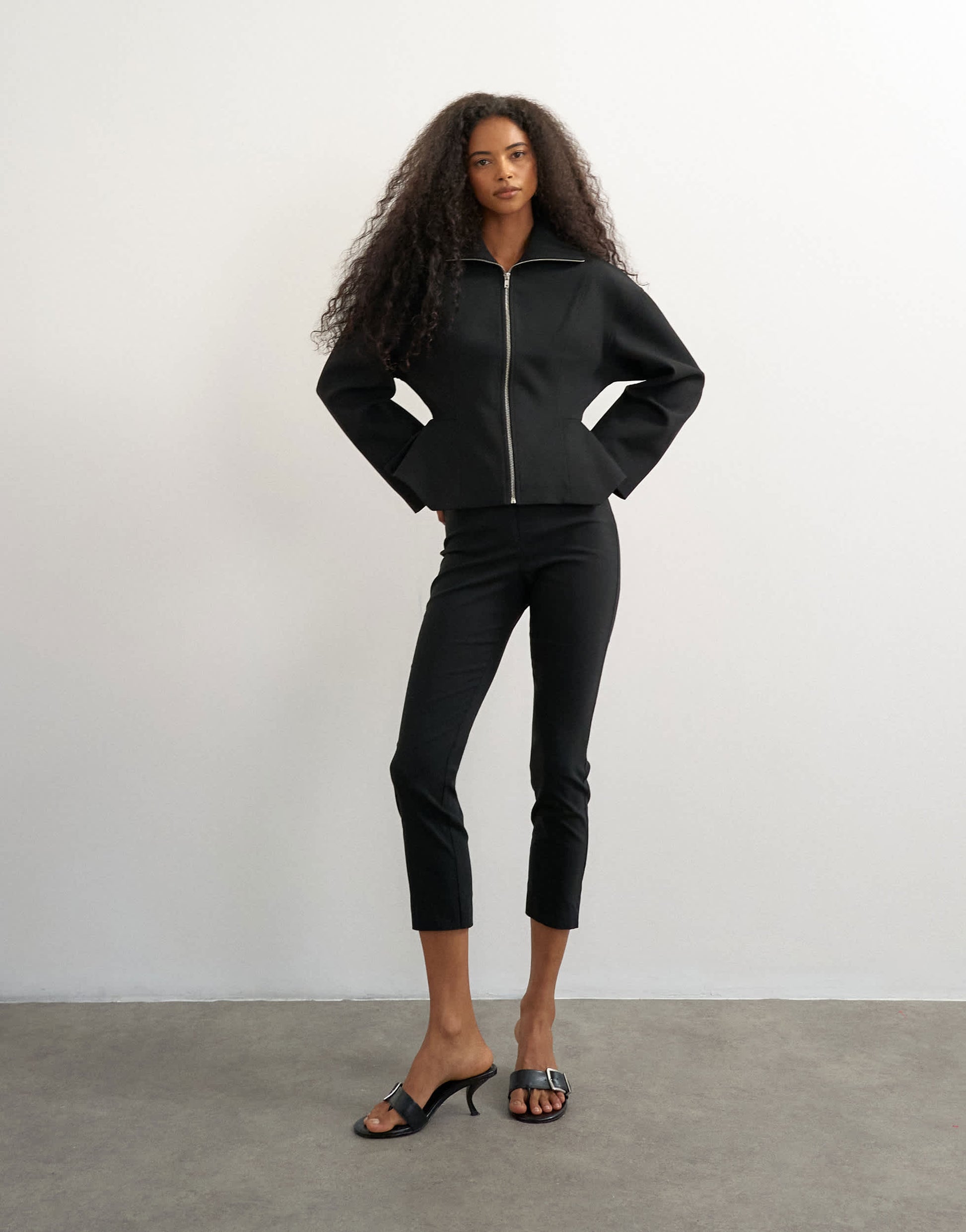Topshop tailored zip through peplum top in black