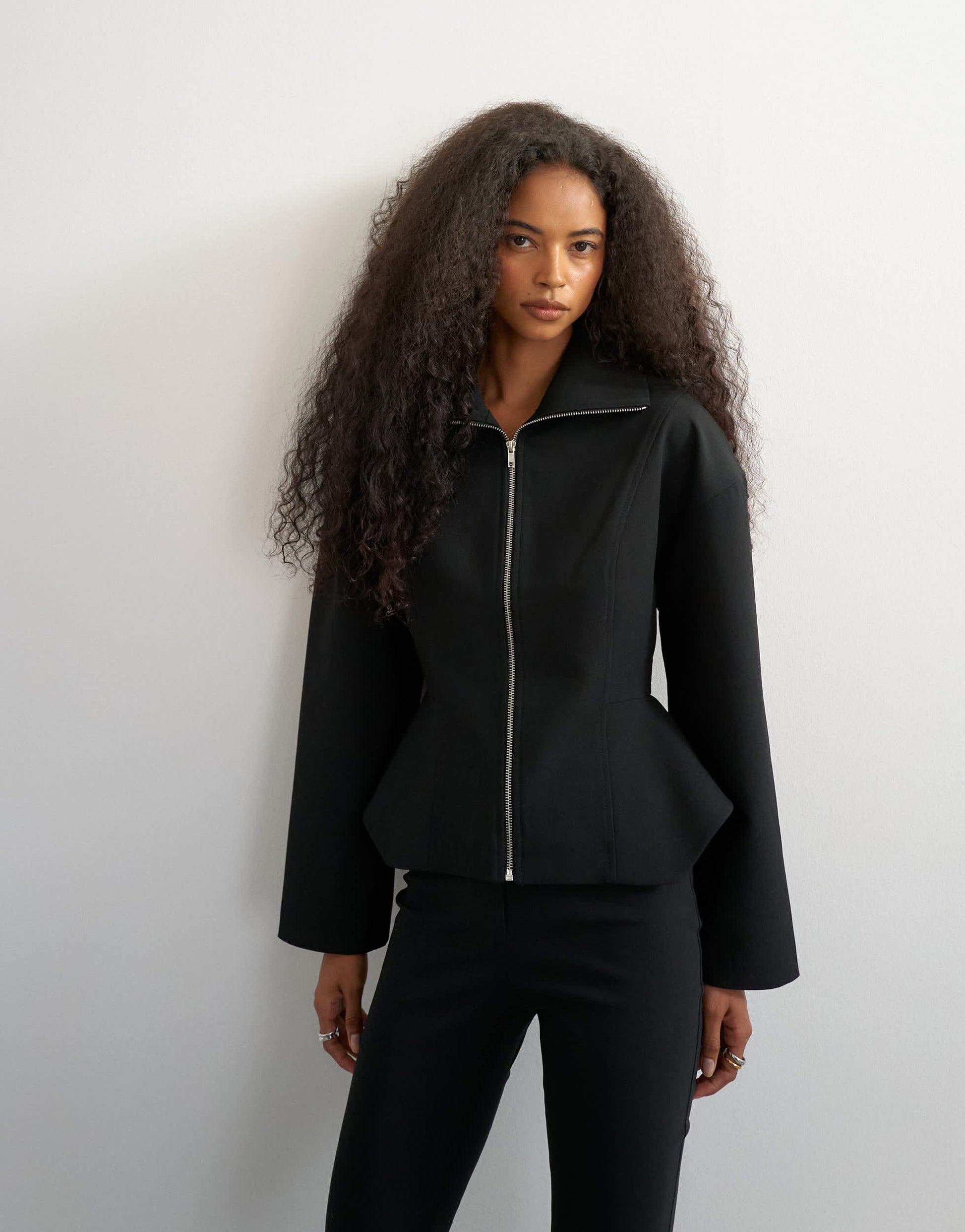Topshop tailored zip through peplum top in black