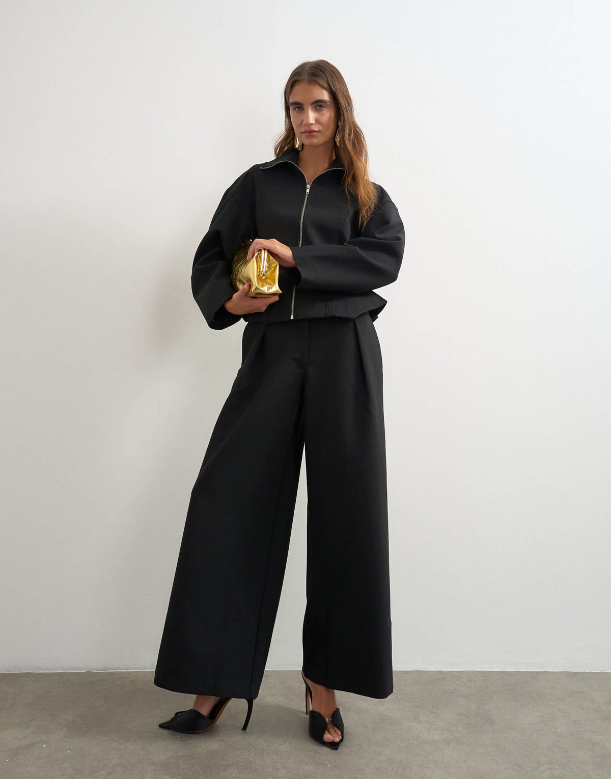 Topshop tailored zip through peplum top in black