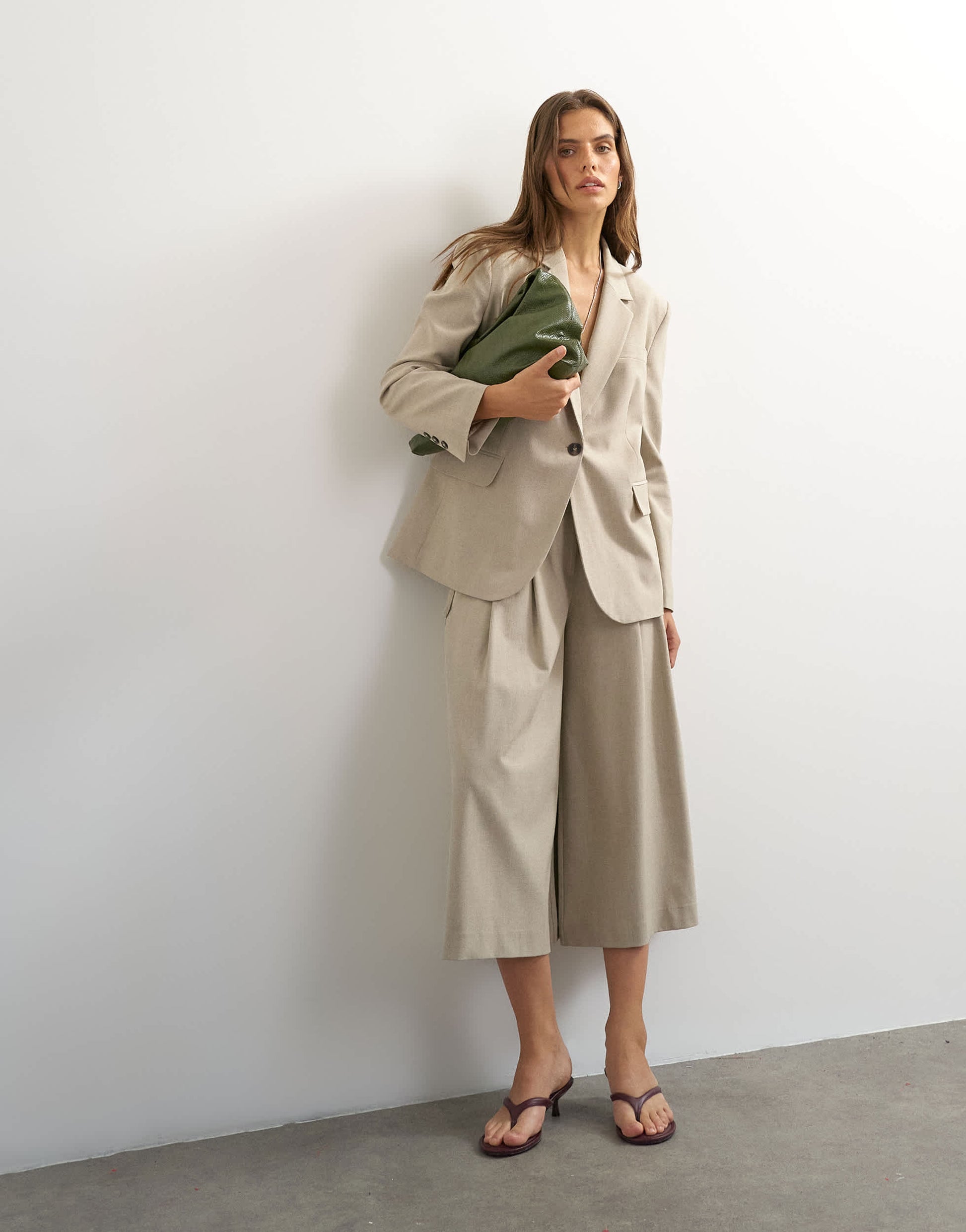 Topshop belted pleated cropped wide leg trouser in beige