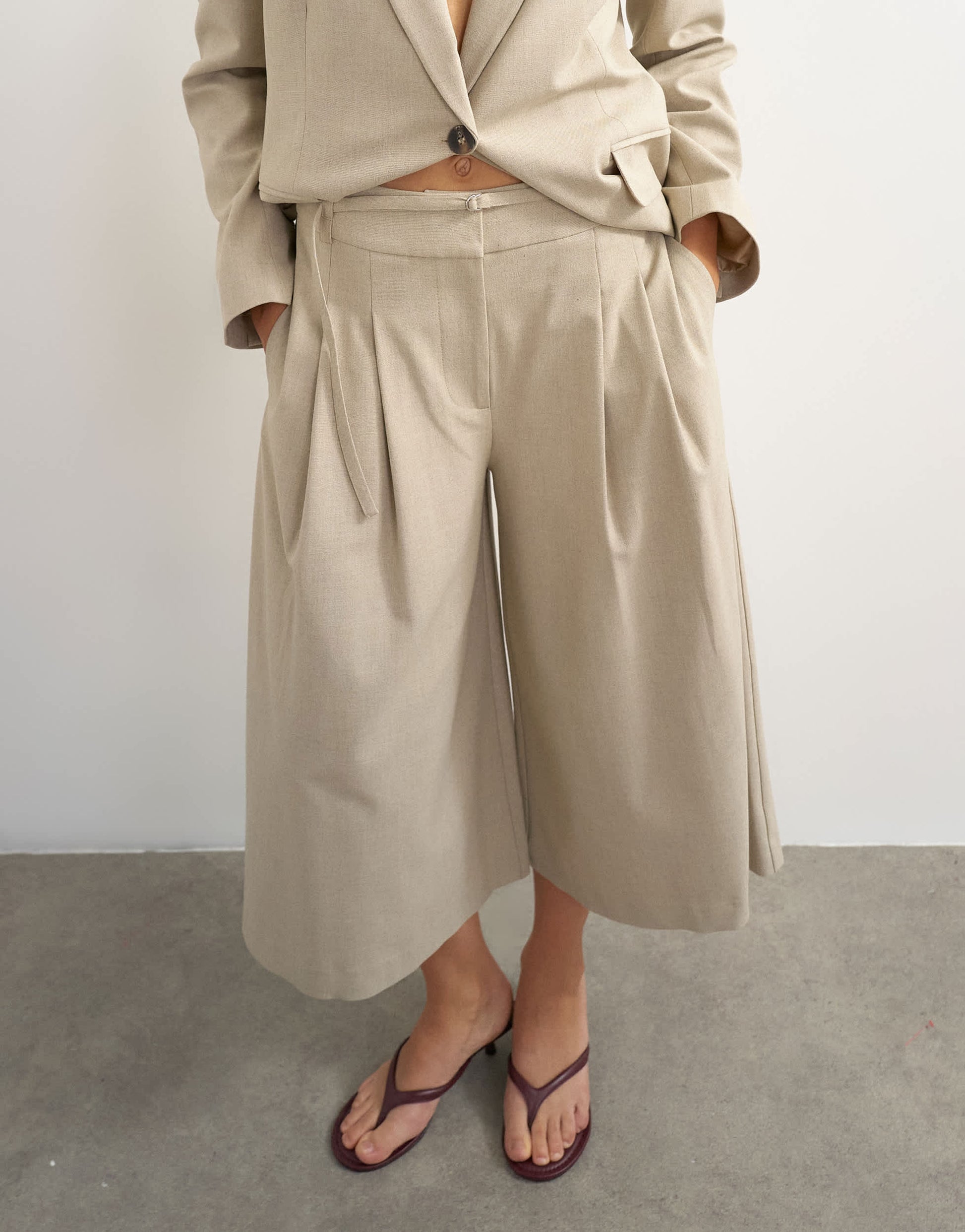 Topshop belted pleated cropped wide leg trouser in beige