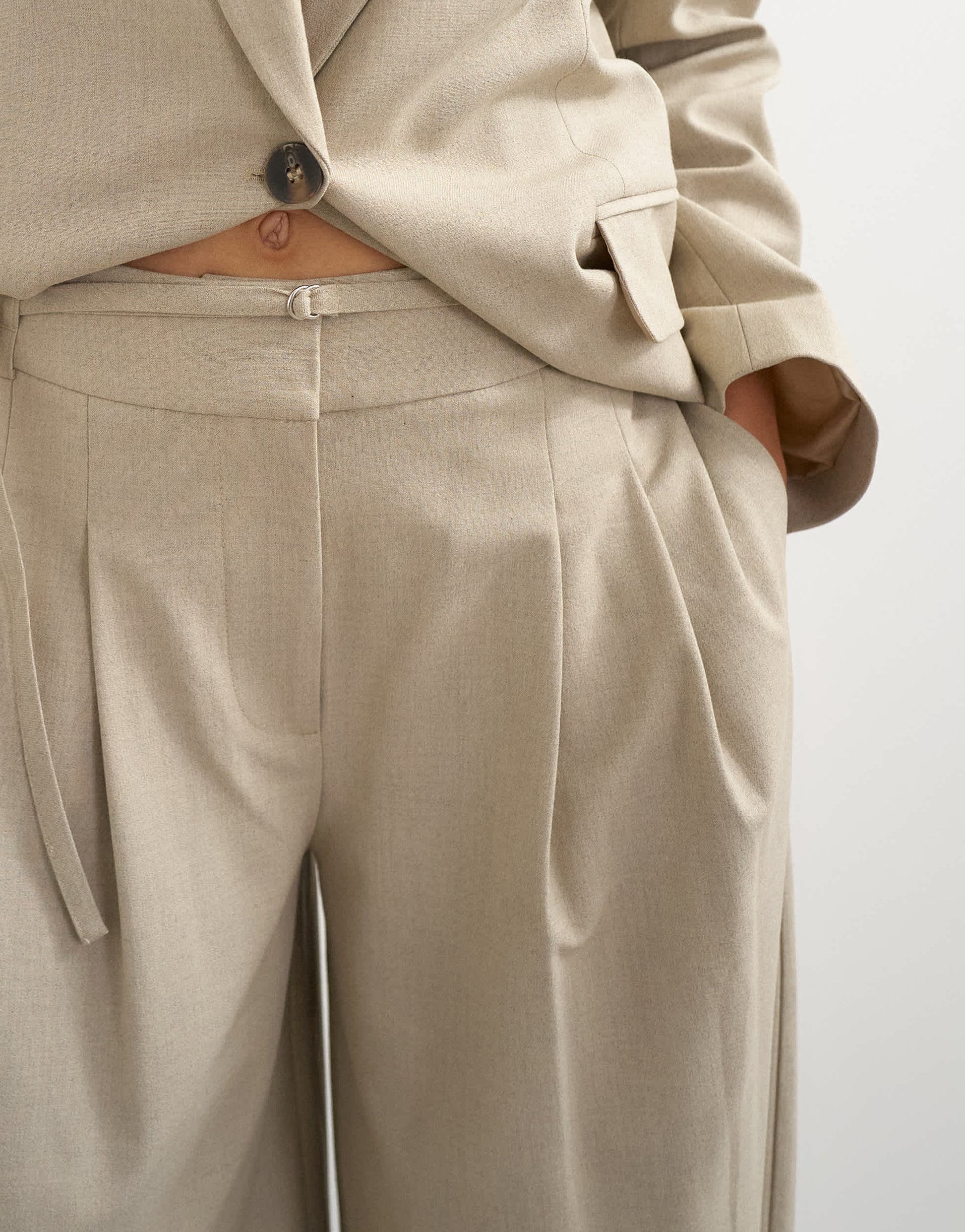Topshop belted pleated cropped wide leg trouser in beige