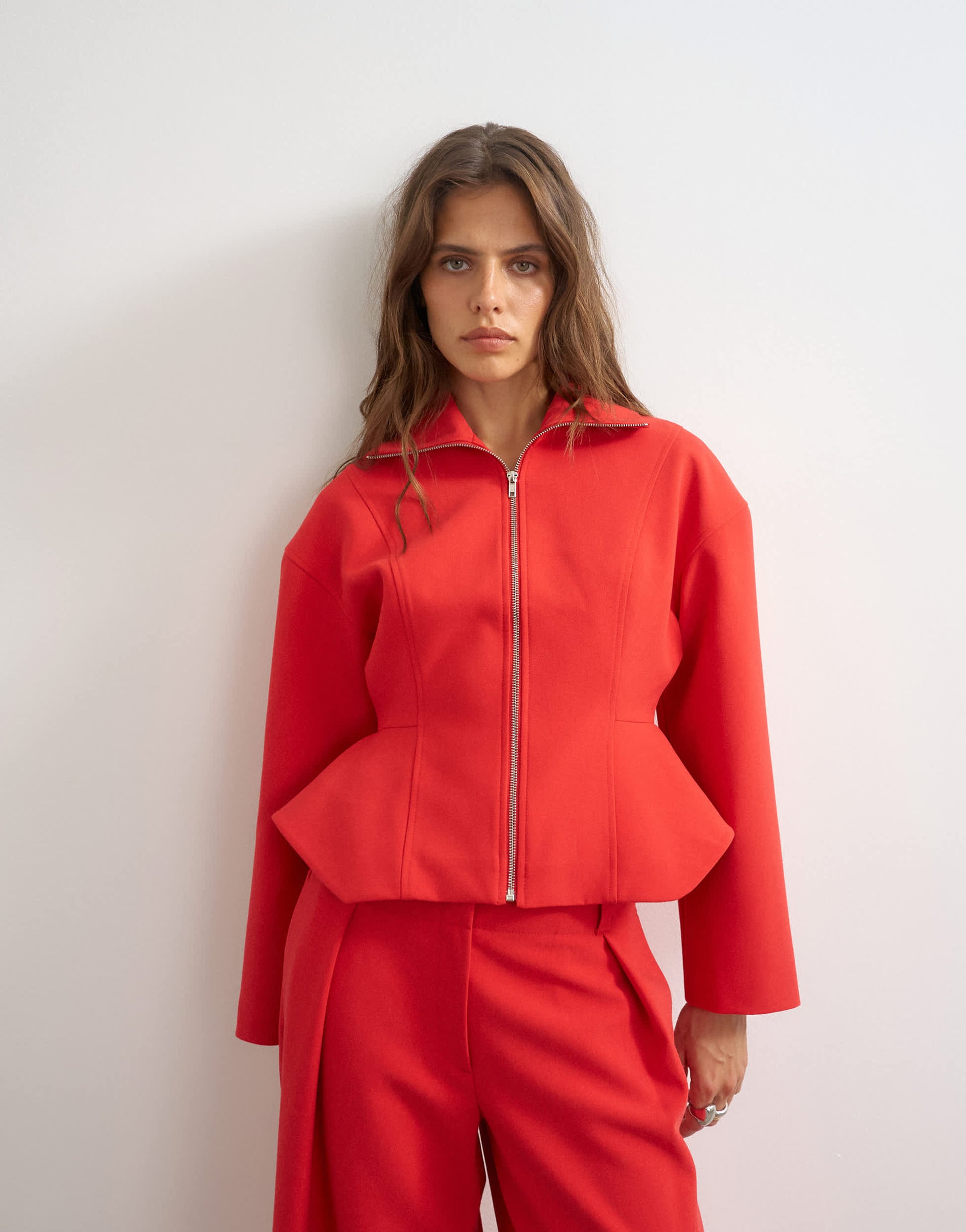 Topshop tailored zip through peplum top in red