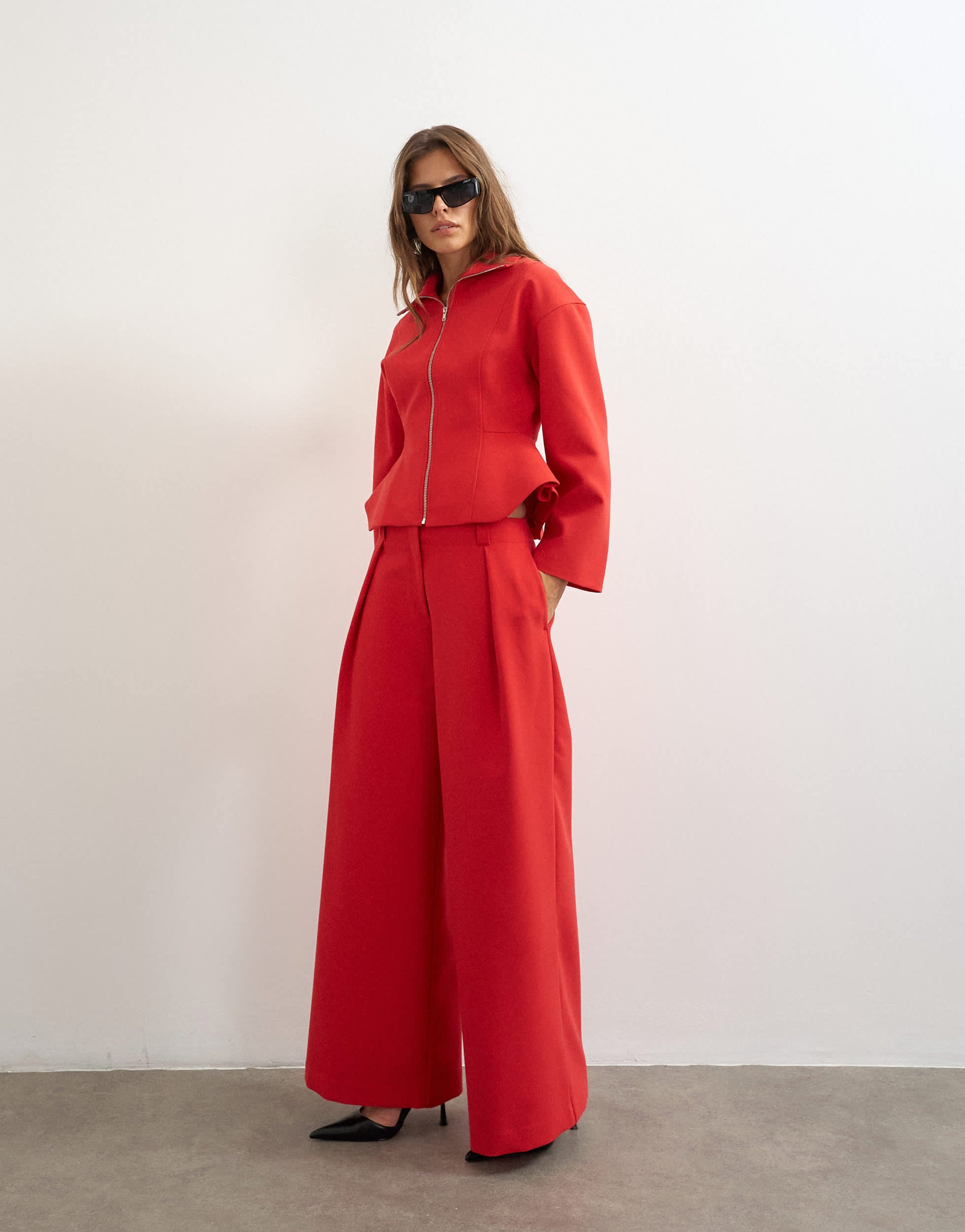 Topshop tailored zip through peplum top in red