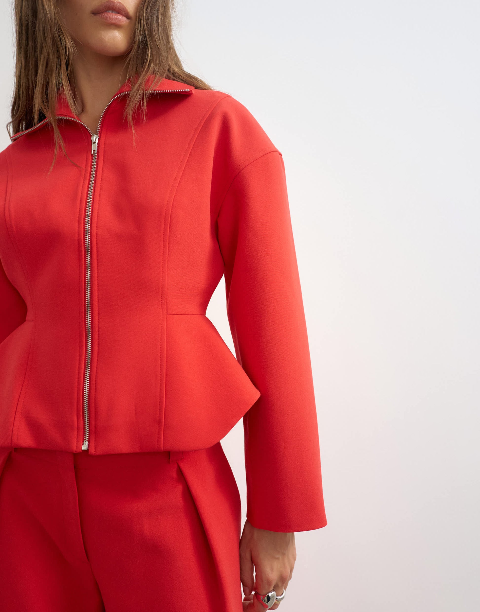 Topshop tailored zip through peplum top in red