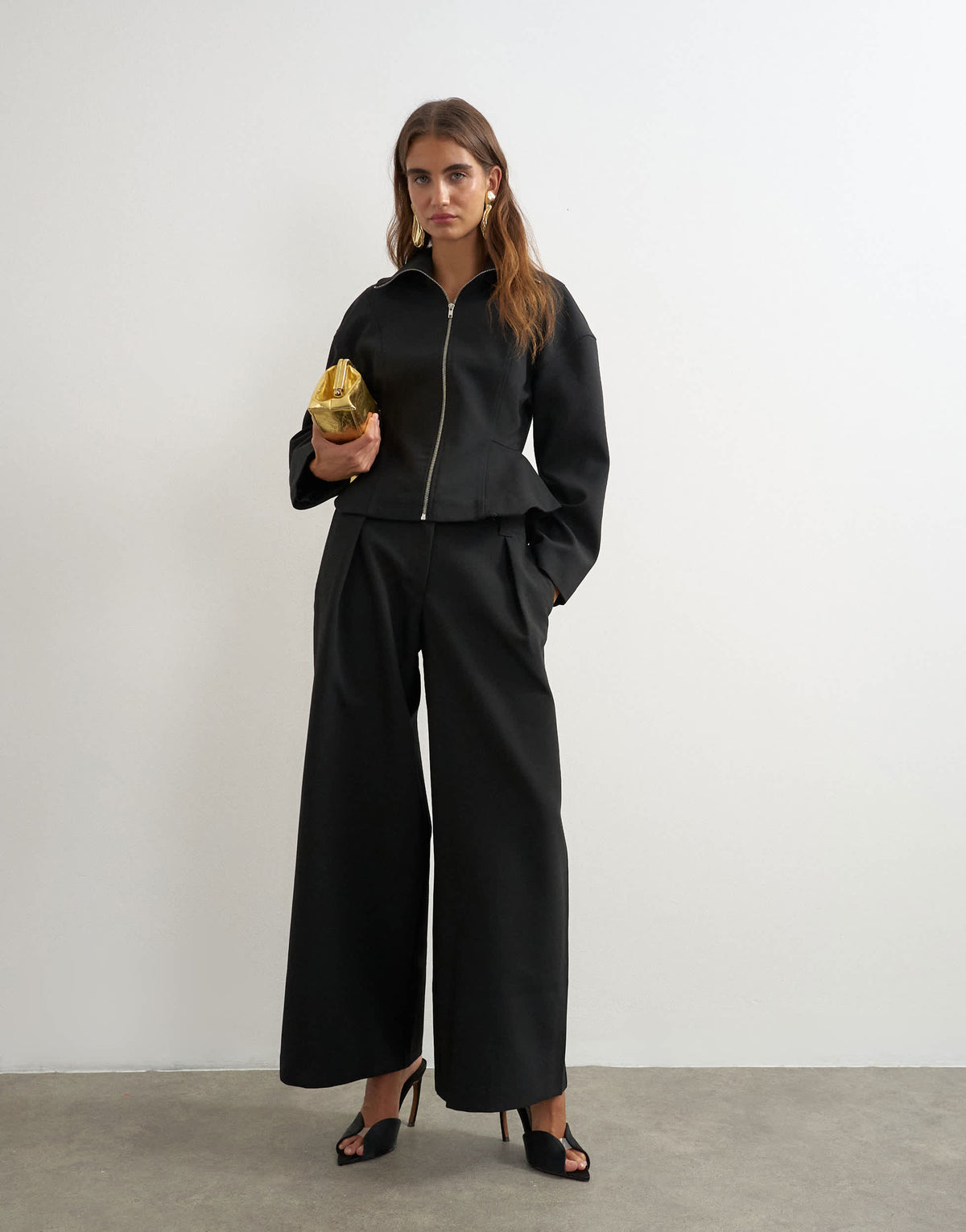 Topshop tailored pleat detail low rise wide leg trousers in black