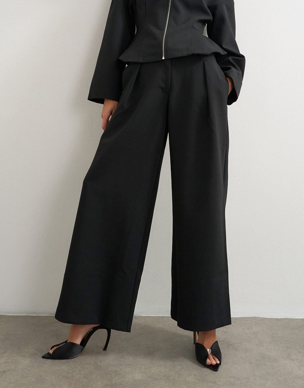 Topshop tailored pleat detail low rise wide leg trousers in black