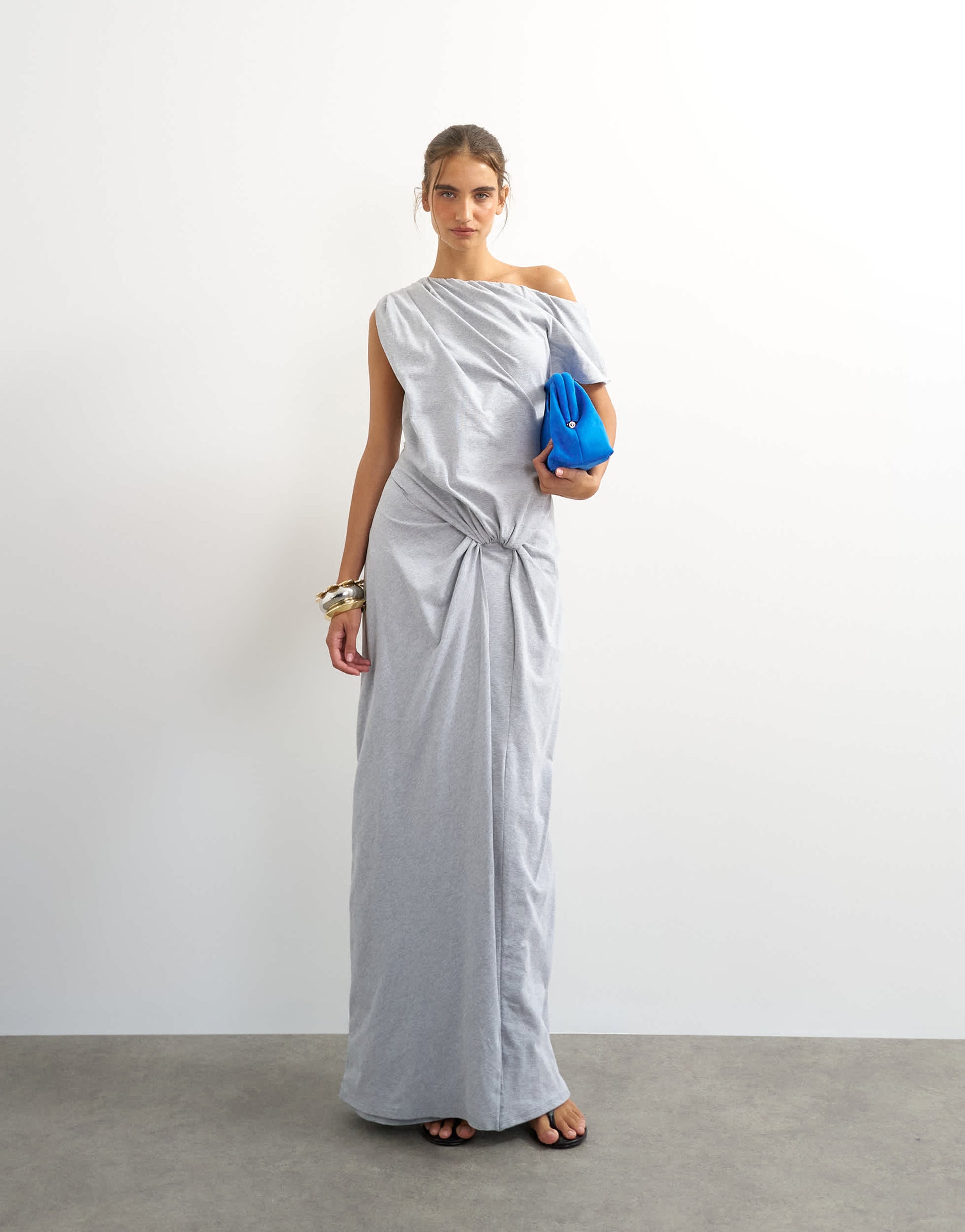 Topshop premium cotton jersey draped asymmetric maxi dress in grey marl
