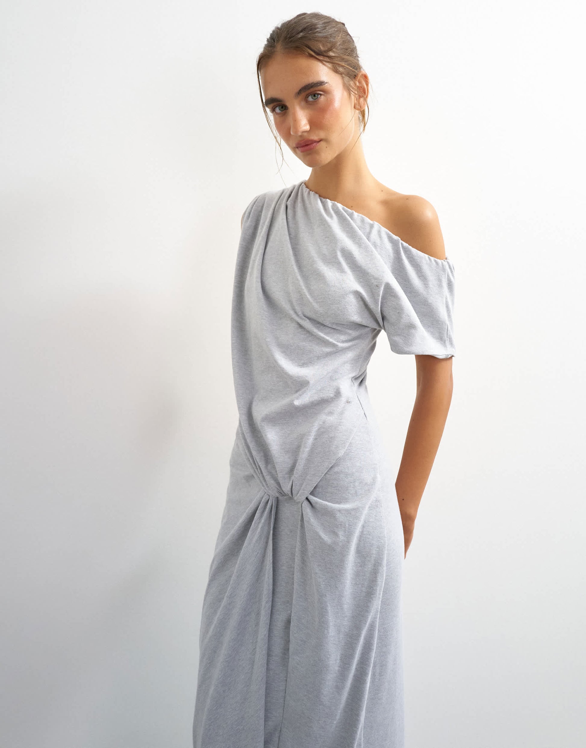 Topshop premium cotton jersey draped asymmetric maxi dress in grey marl