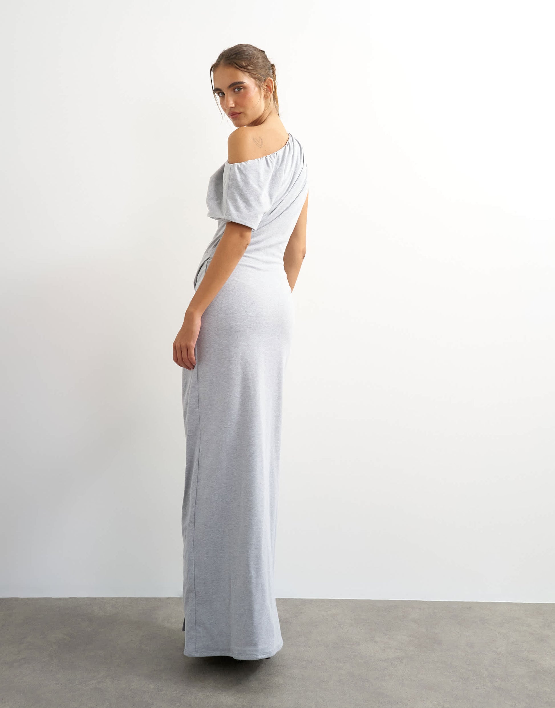Topshop premium cotton jersey draped asymmetric maxi dress in grey marl