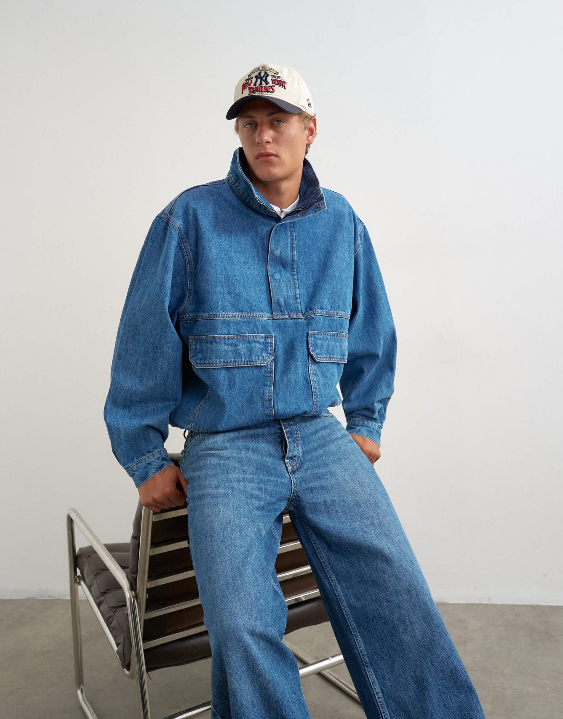 Topman oversized fit denim jacket with funnel neck in mid wash