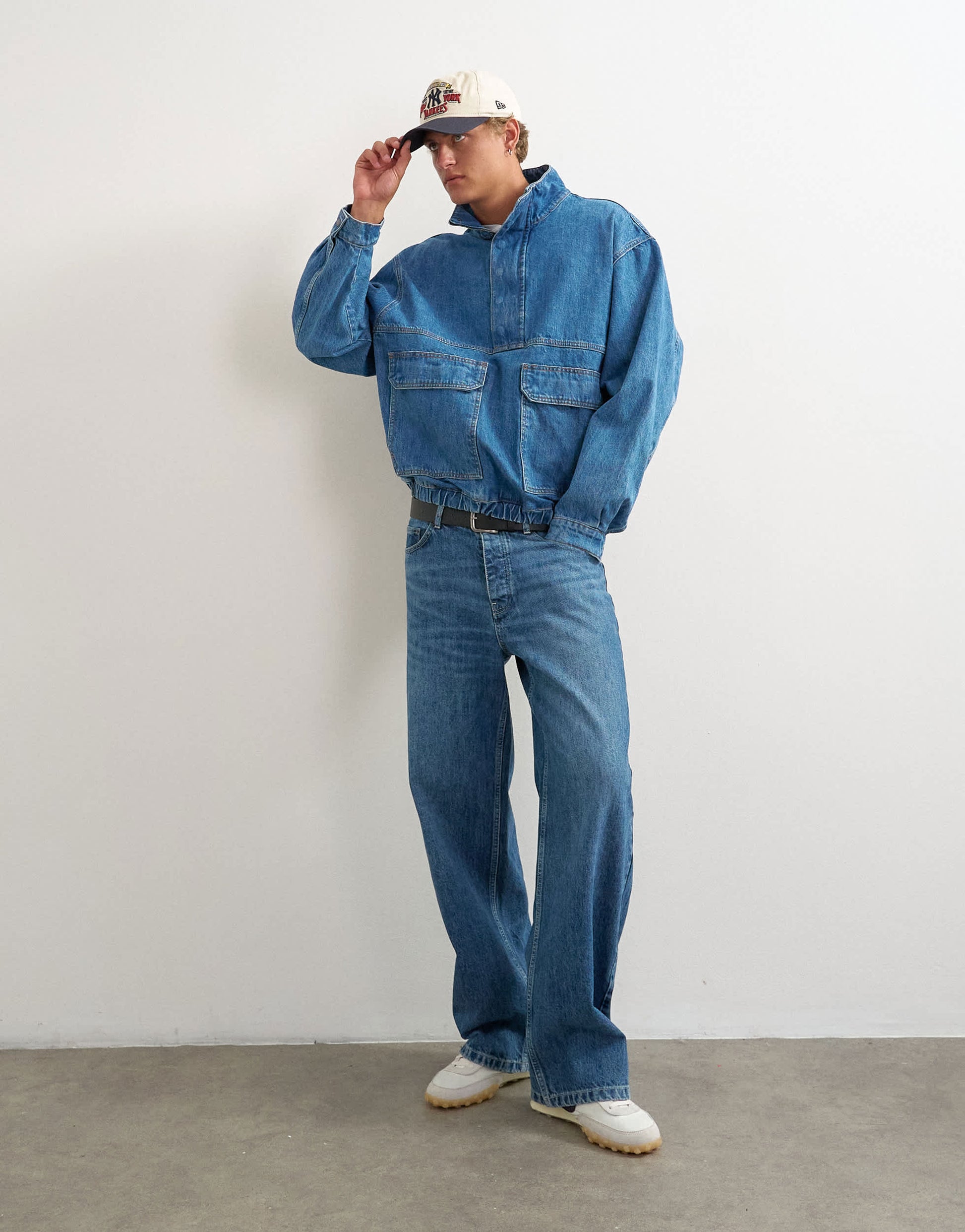 Topman oversized fit denim jacket with funnel neck in mid wash