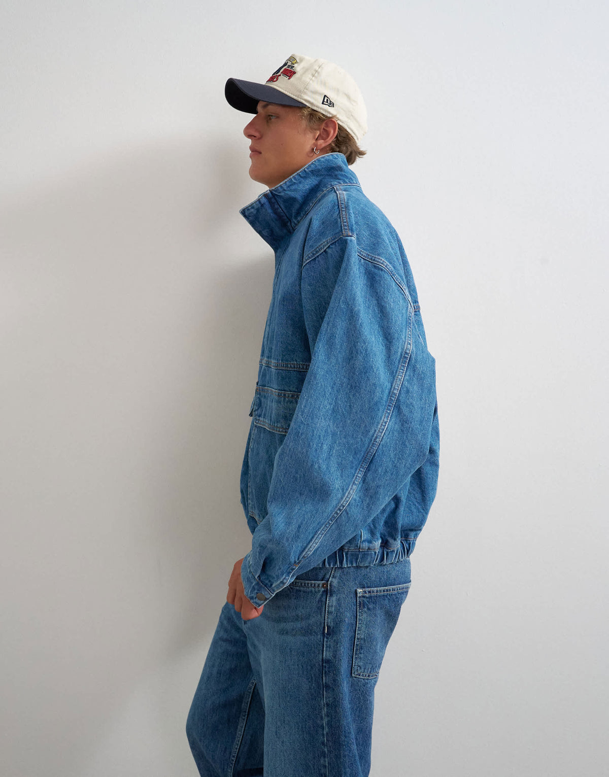 Topman oversized fit denim jacket with funnel neck in mid wash