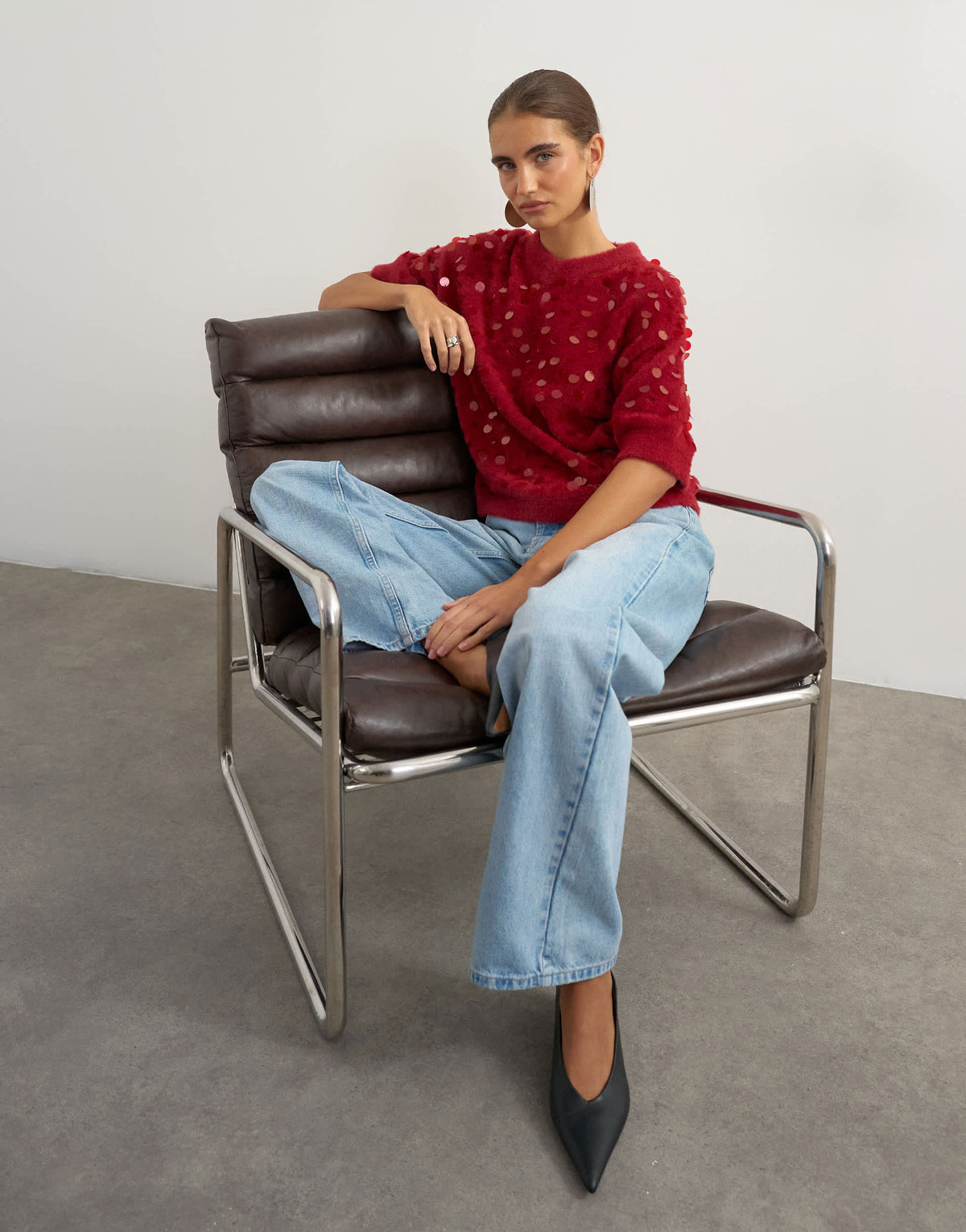 Topshop knitted half sleeve v neck sequin t-shirt in red