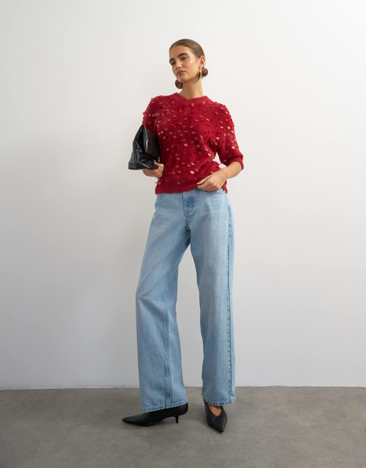 Topshop knitted half sleeve v neck sequin t-shirt in red