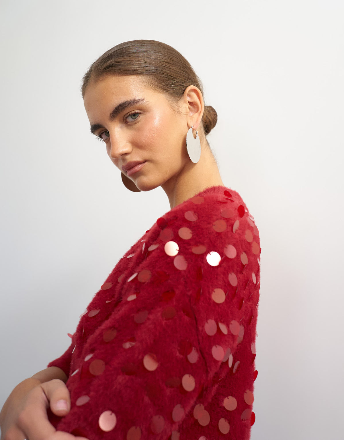 Topshop knitted half sleeve v neck sequin t-shirt in red