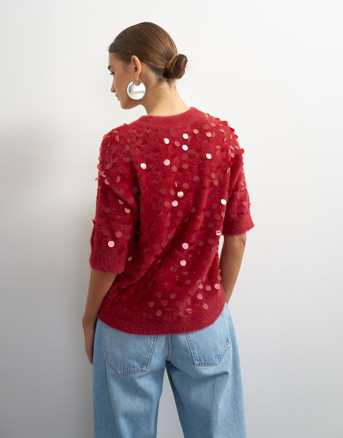 Topshop knitted half sleeve v neck sequin t-shirt in red