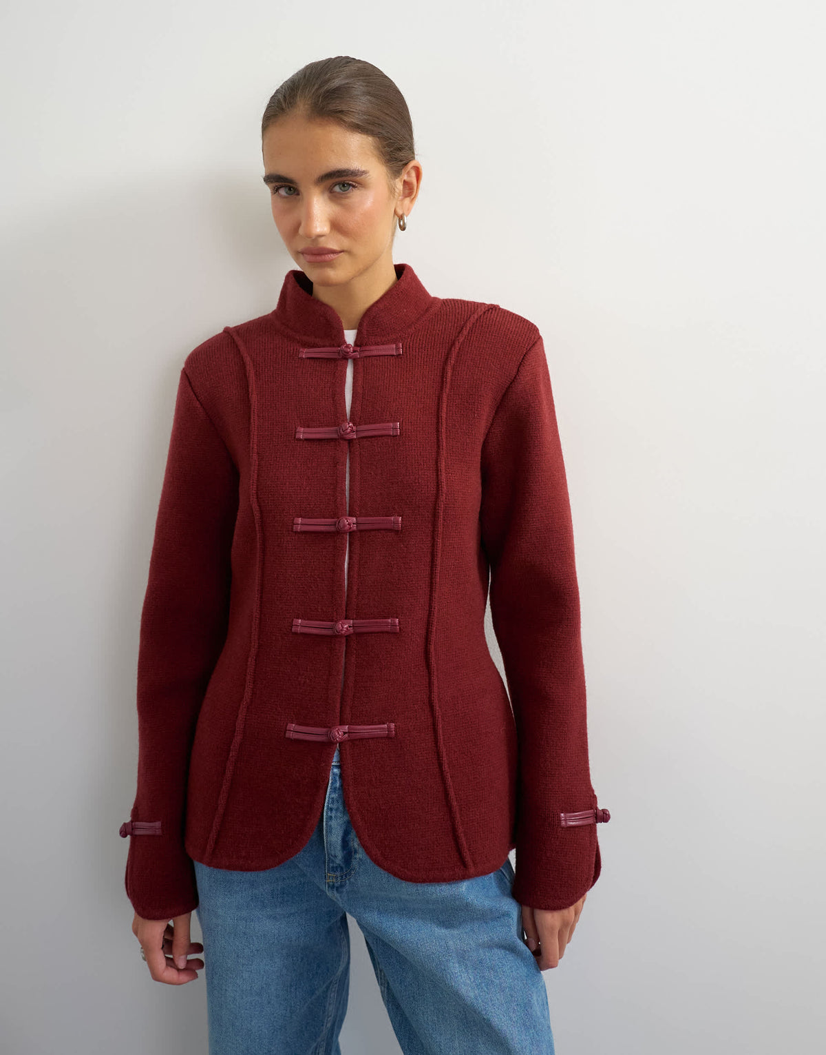 Topshop knitted all needle frogging detail jacket in red