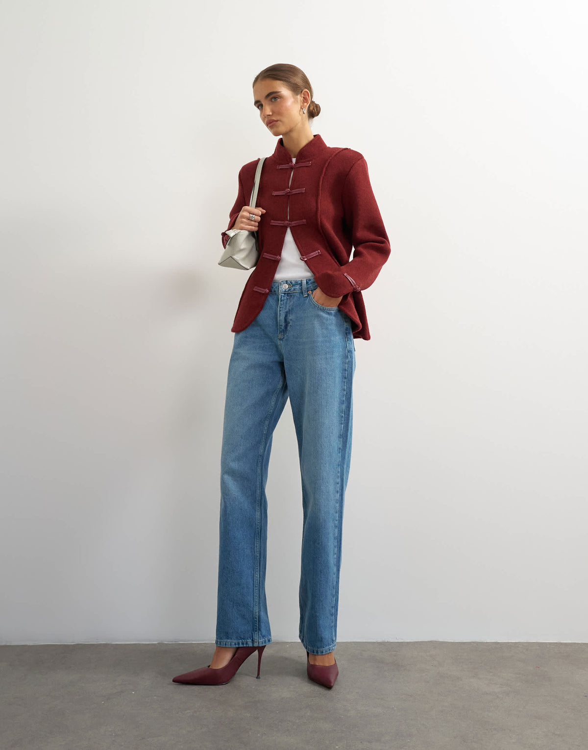 Topshop knitted all needle frogging detail jacket in red