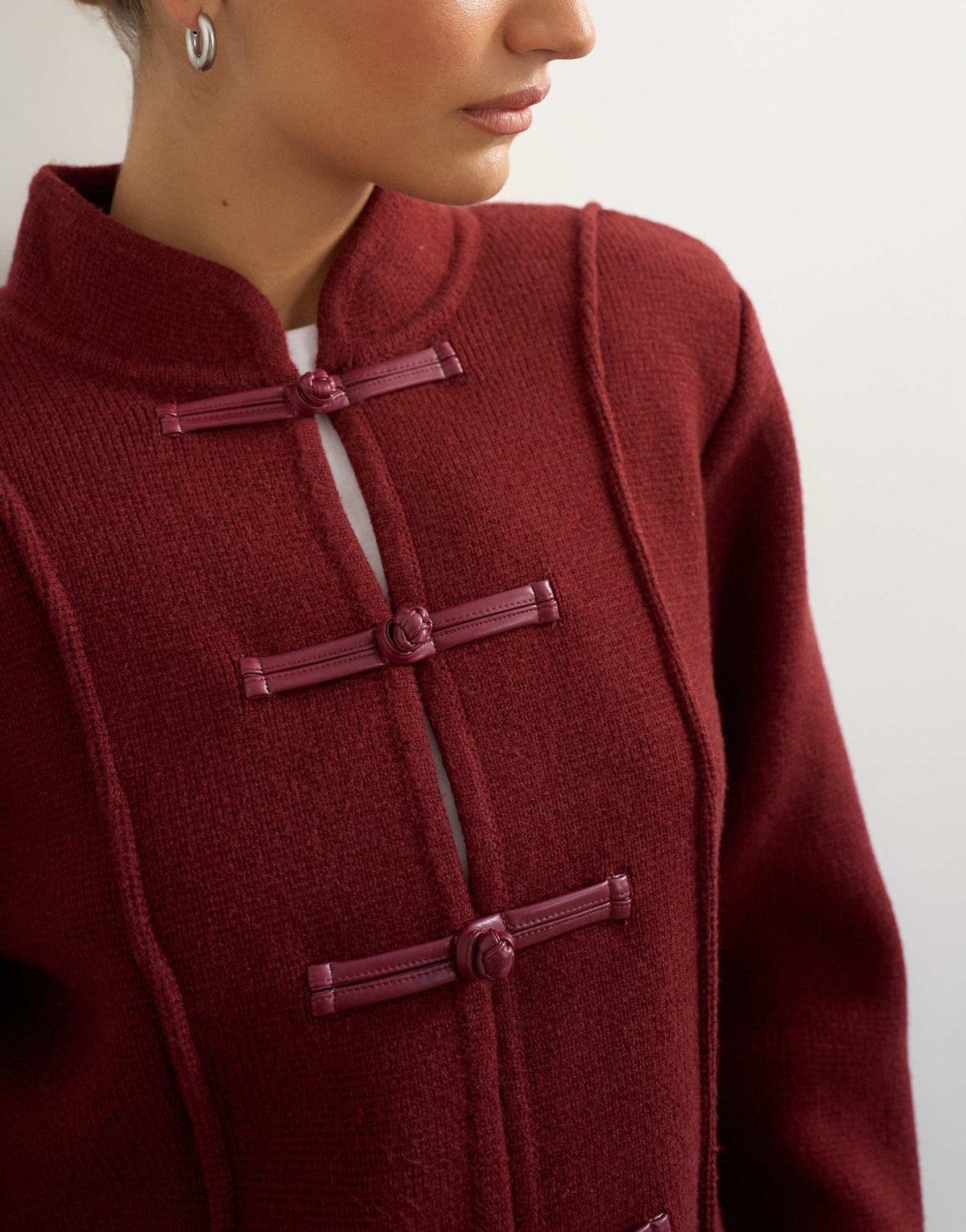 Topshop knitted all needle frogging detail jacket in red
