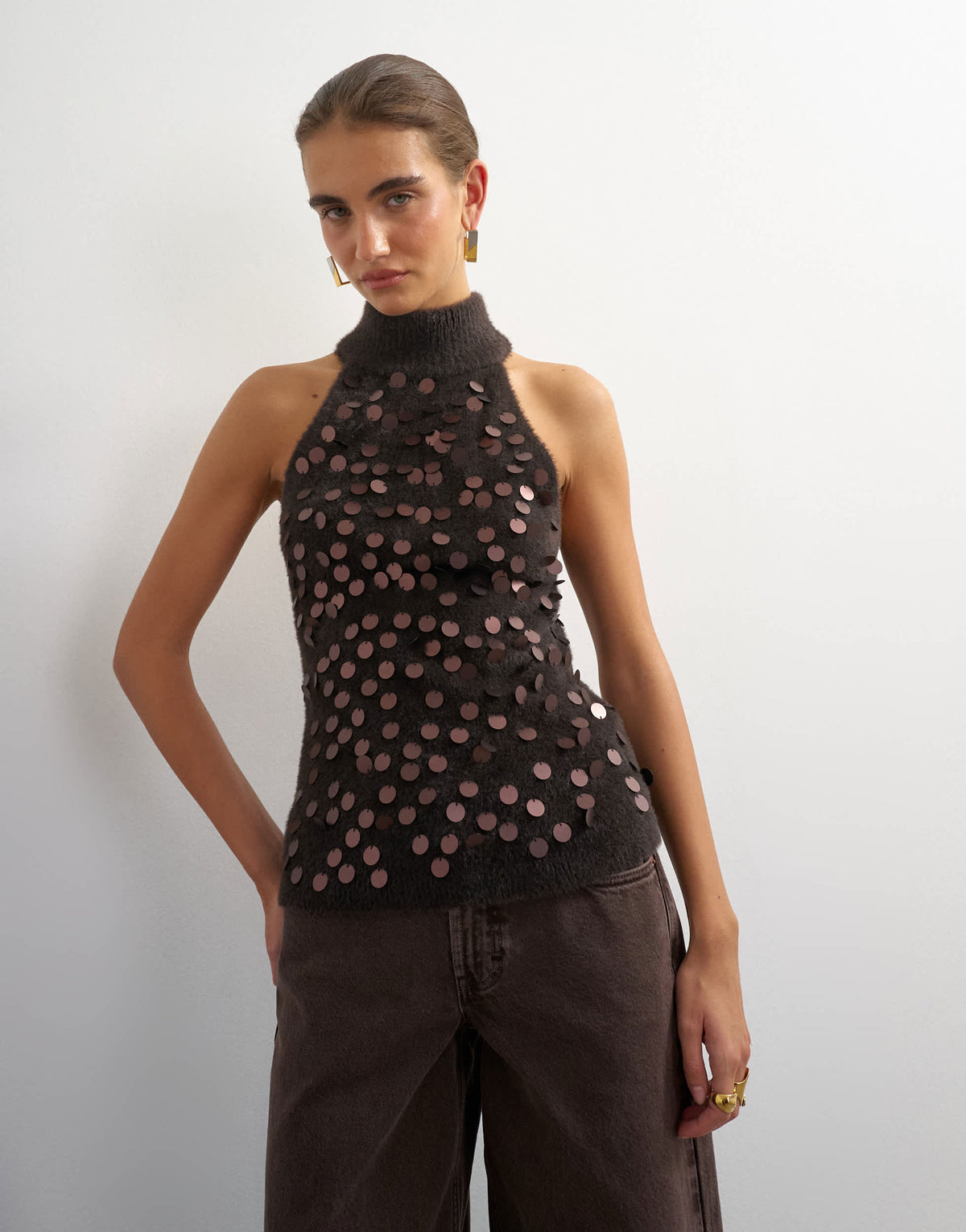 Topshop knitted halter neck sequin top in chocolate brown